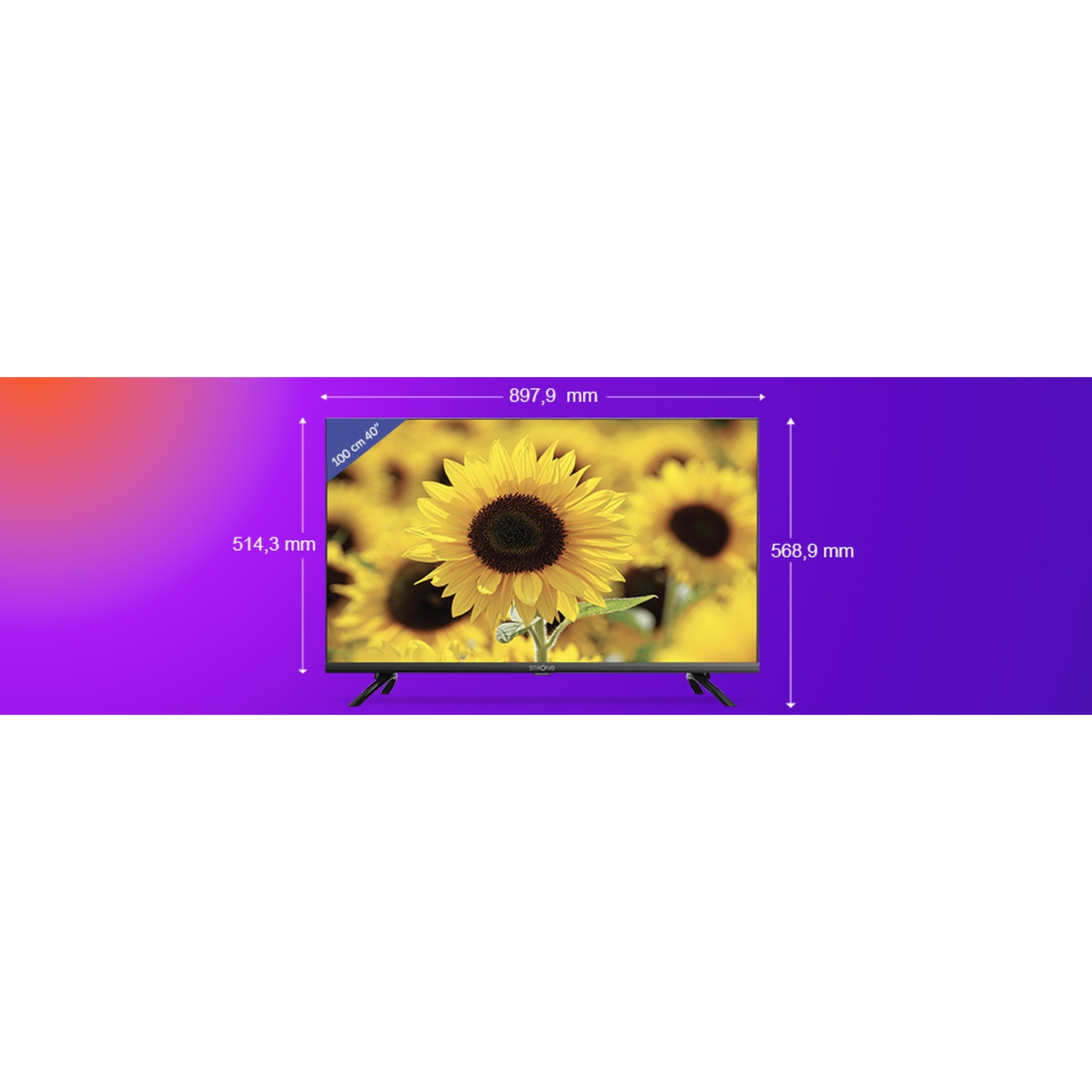 Una TV da 40 pollici mostra girasoli, dimensioni 897,9x514,3 mm.