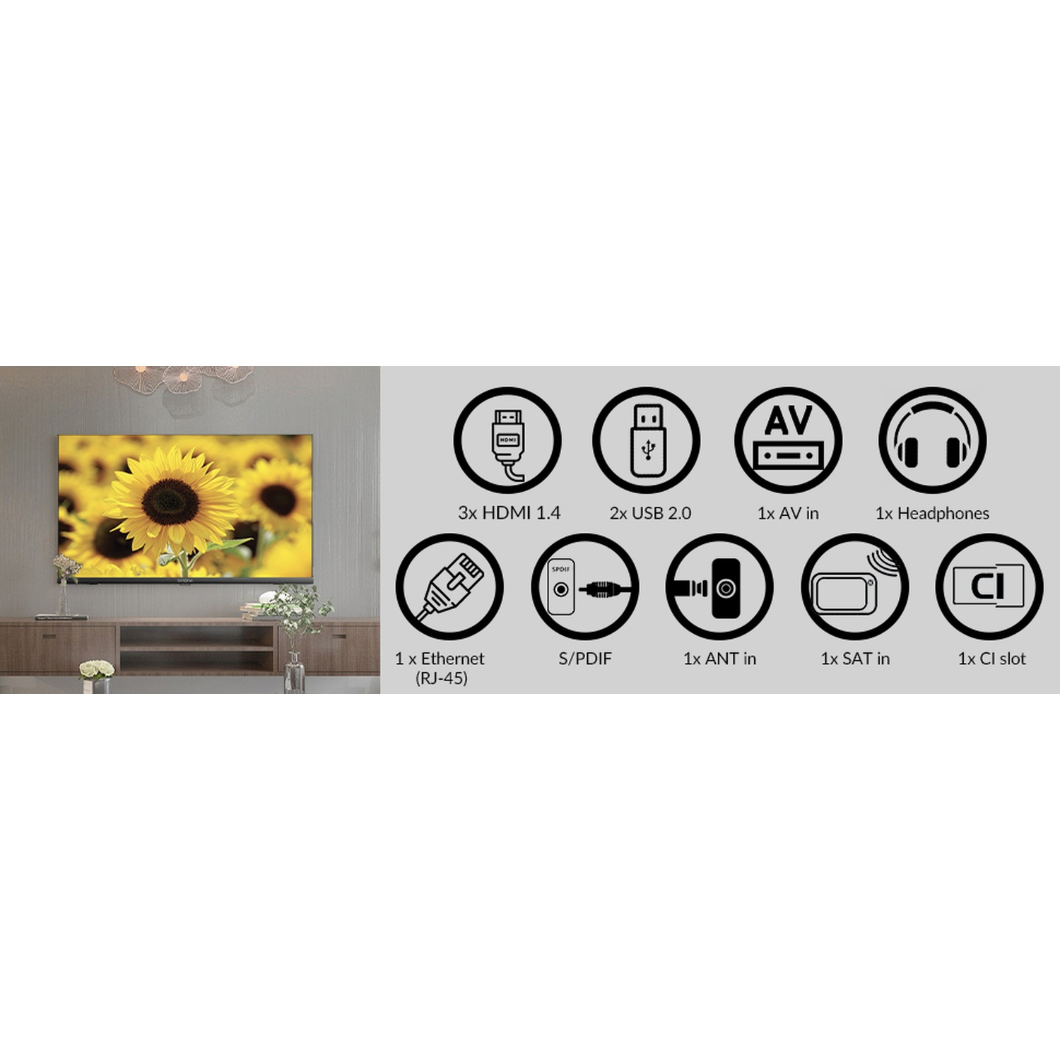 TV con girasoli, mostra connessioni: 3x HDMI, 2x USB, AV, Cuffie, Ethernet, S/PDIF, Antenna, SAT, CI.