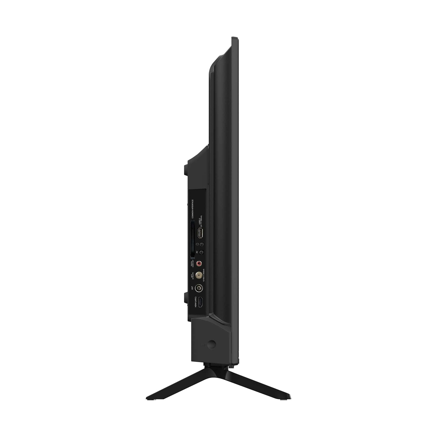 Vista laterale di una TV nera con porte e supporto.