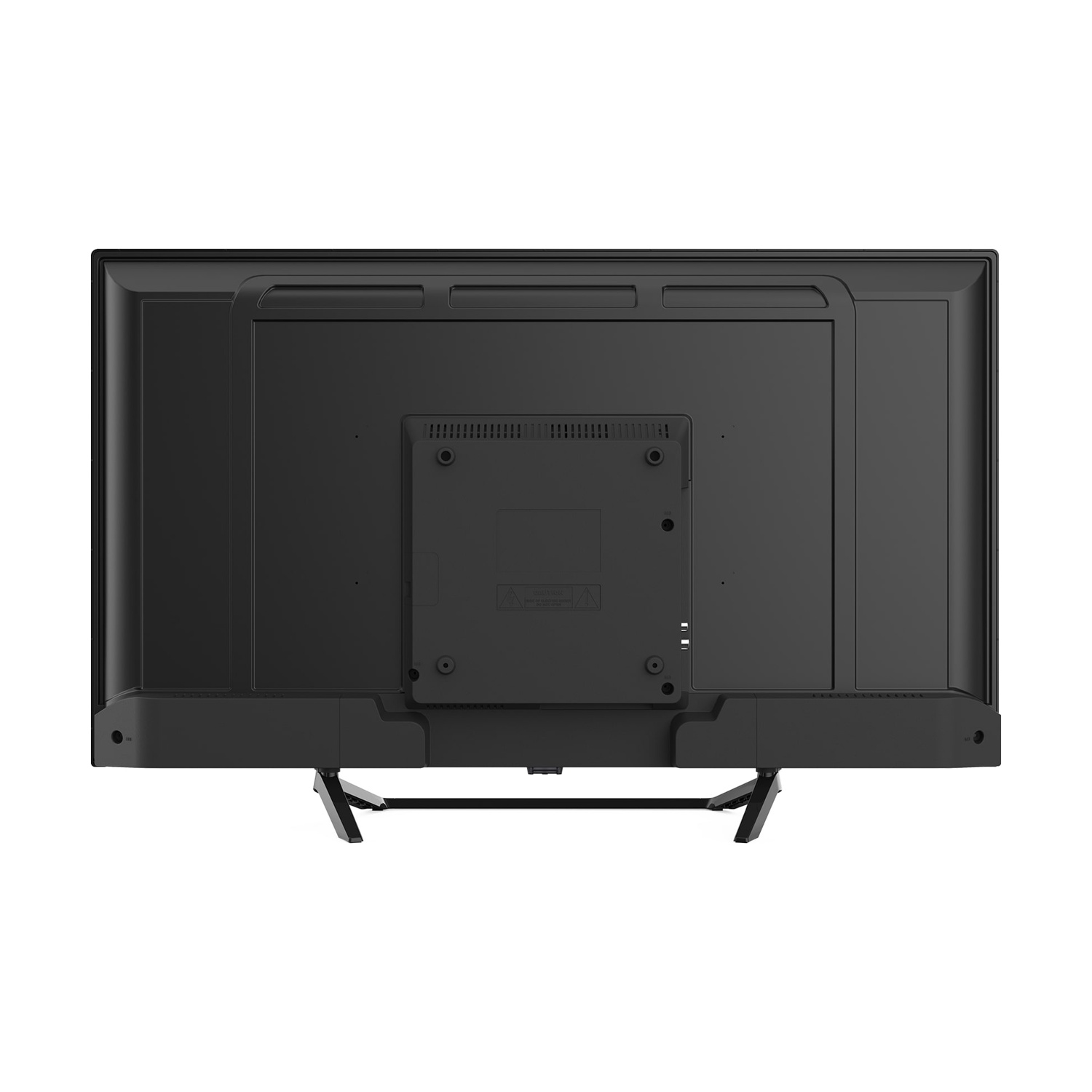 Vista posteriore di una TV a schermo piatto nera con supporto. Porte e prese d'aria visibili.