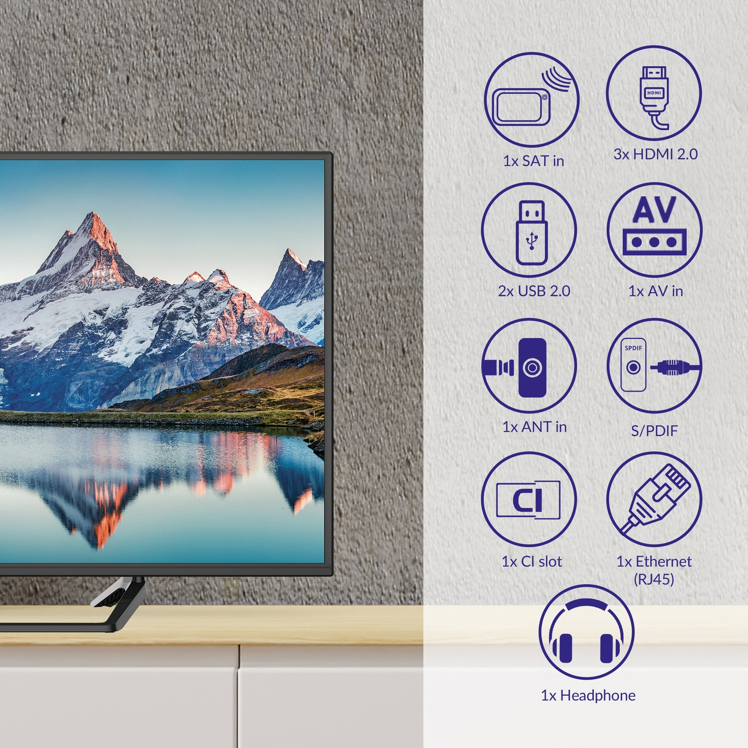 Schermo TV con paesaggio montano e icone di connessione.