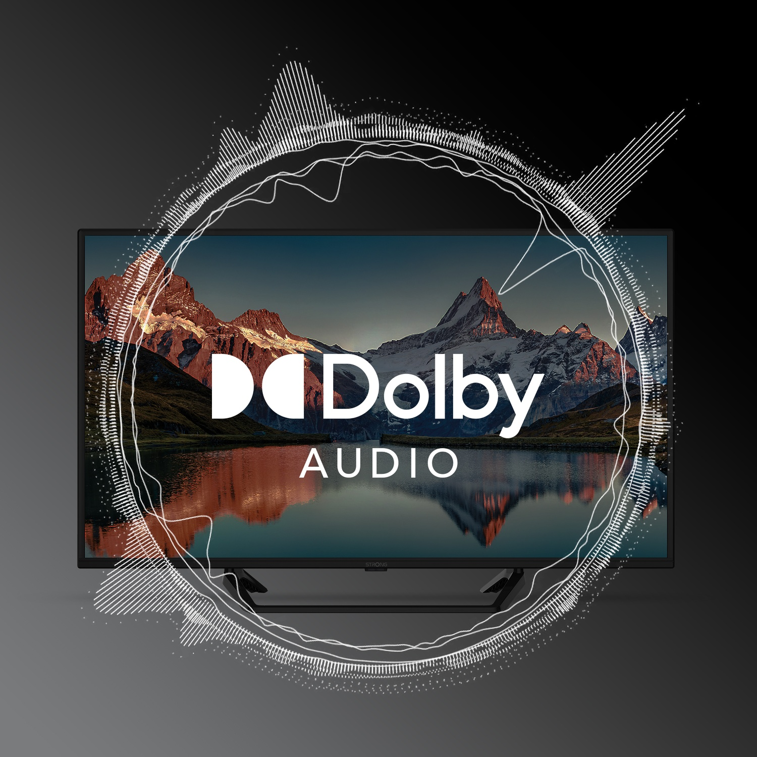 TV a schermo piatto con paesaggio montano, logo Dolby Audio e onde sonore.