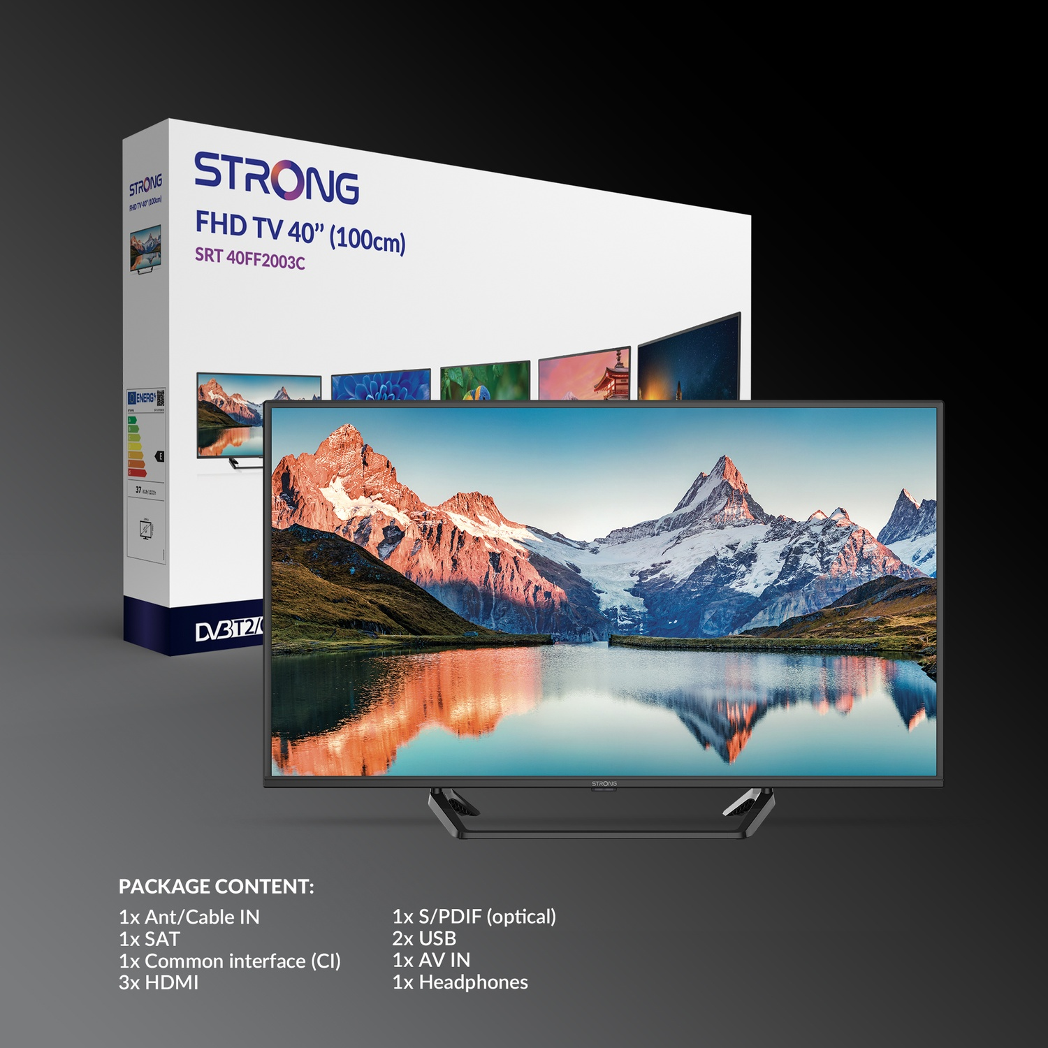 Un TV STRONG 40" FHD con paesaggio montano sullo schermo, scatola inclusa.