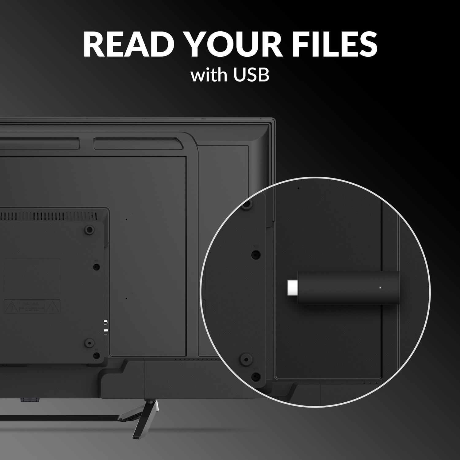 Una chiavetta USB nera è inserita in un televisore. Testo: READ YOUR FILES.