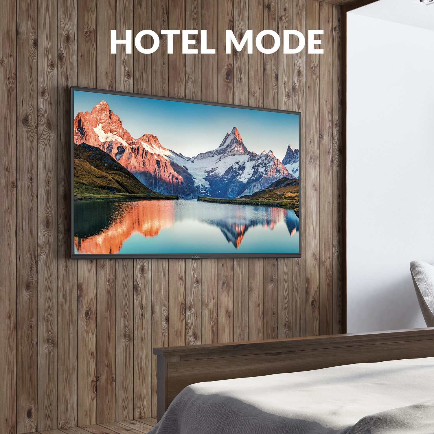 Una TV con paesaggio montano su parete di legno sopra un letto.