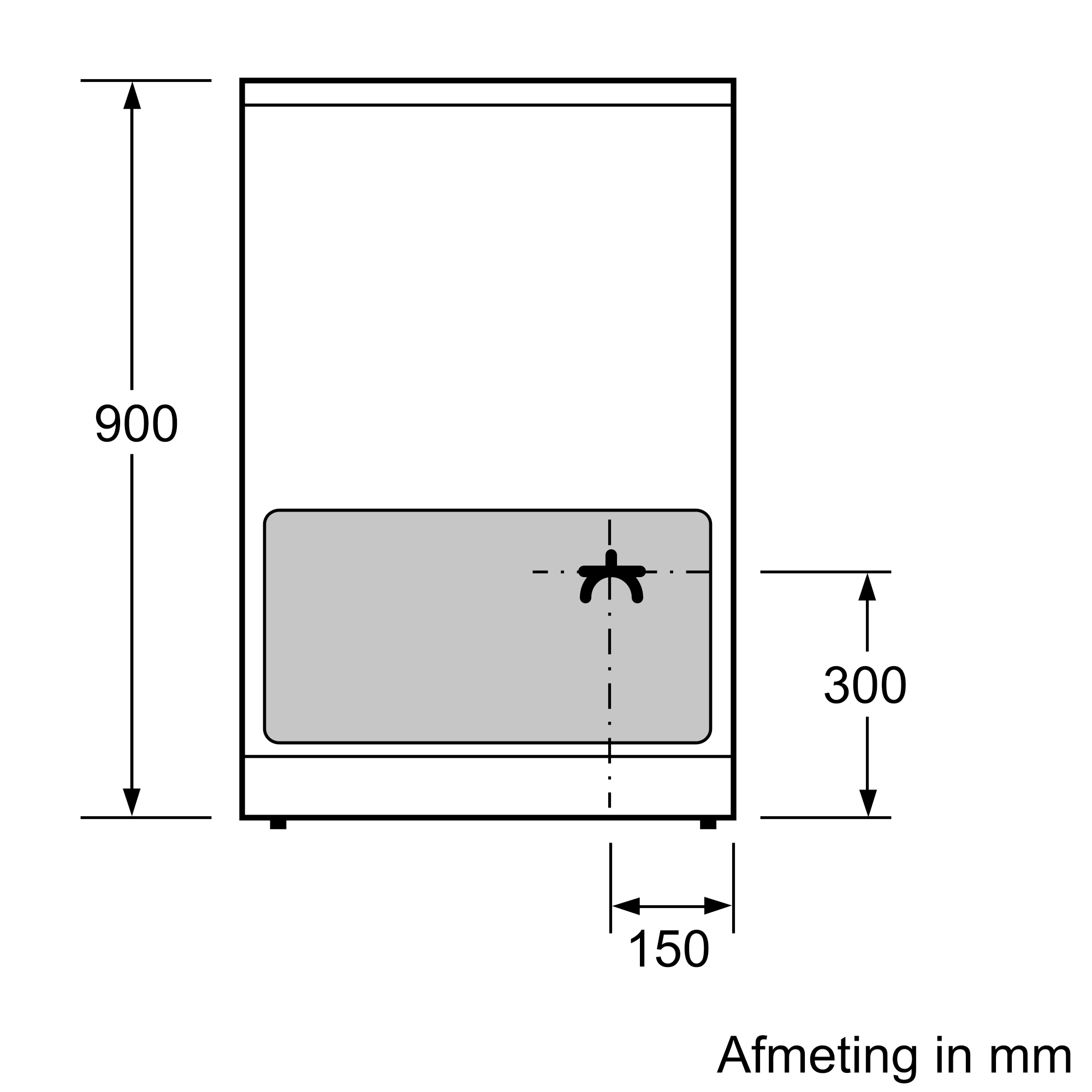 Technische tekening: Rechthoekige omtrek met afmetingen 900 mm hoogte, 300 mm diepte, 150 mm breedte.