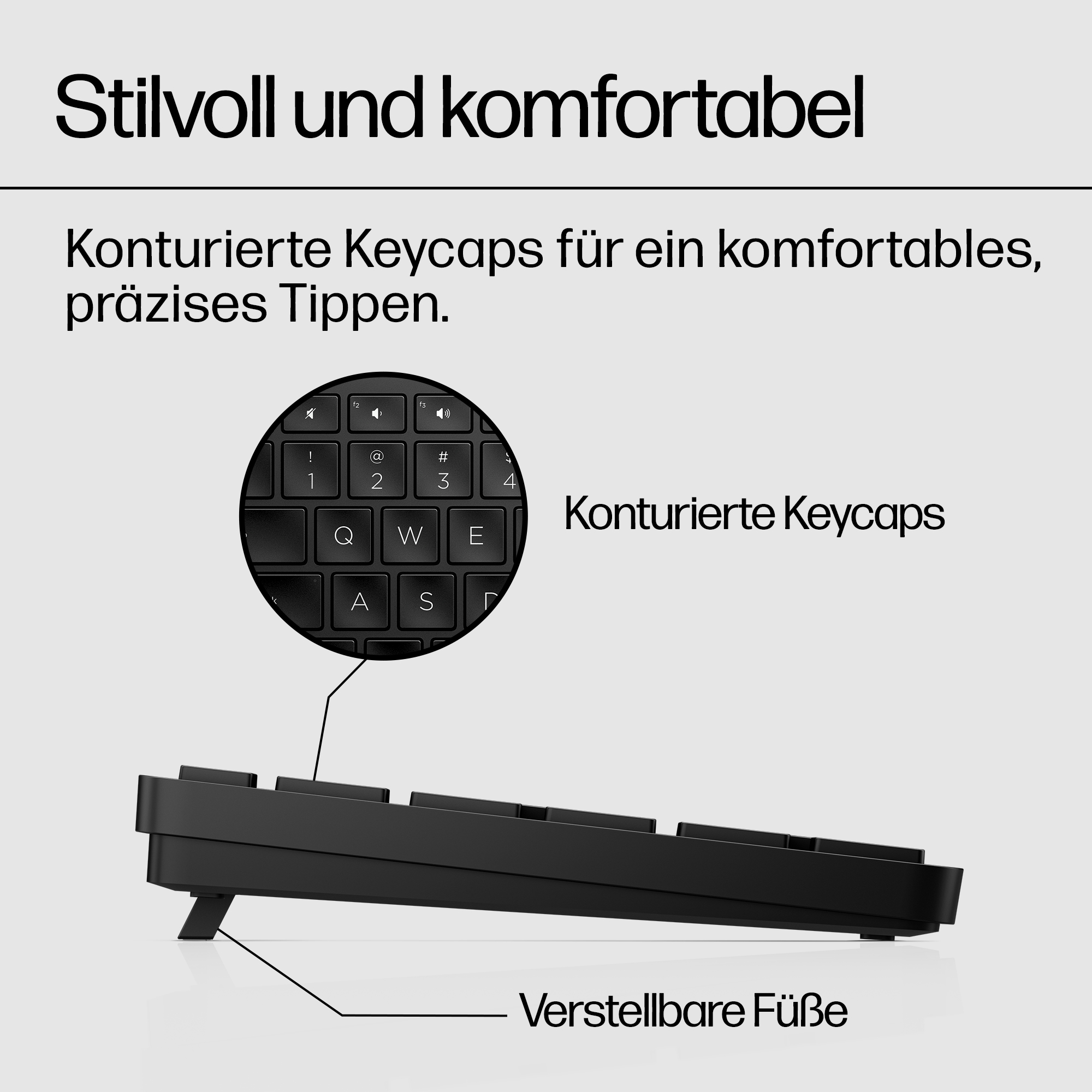 Schwarze Tastatur mit konturierten Tasten und verstellbaren Füßen.