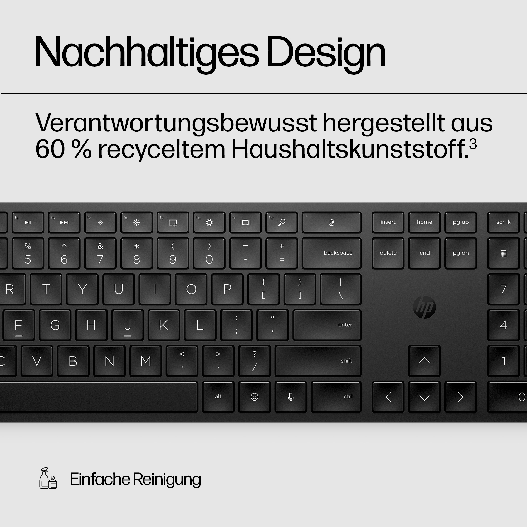 Schwarze HP Tastatur mit Text über nachhaltiges Design und einfache Reinigung.