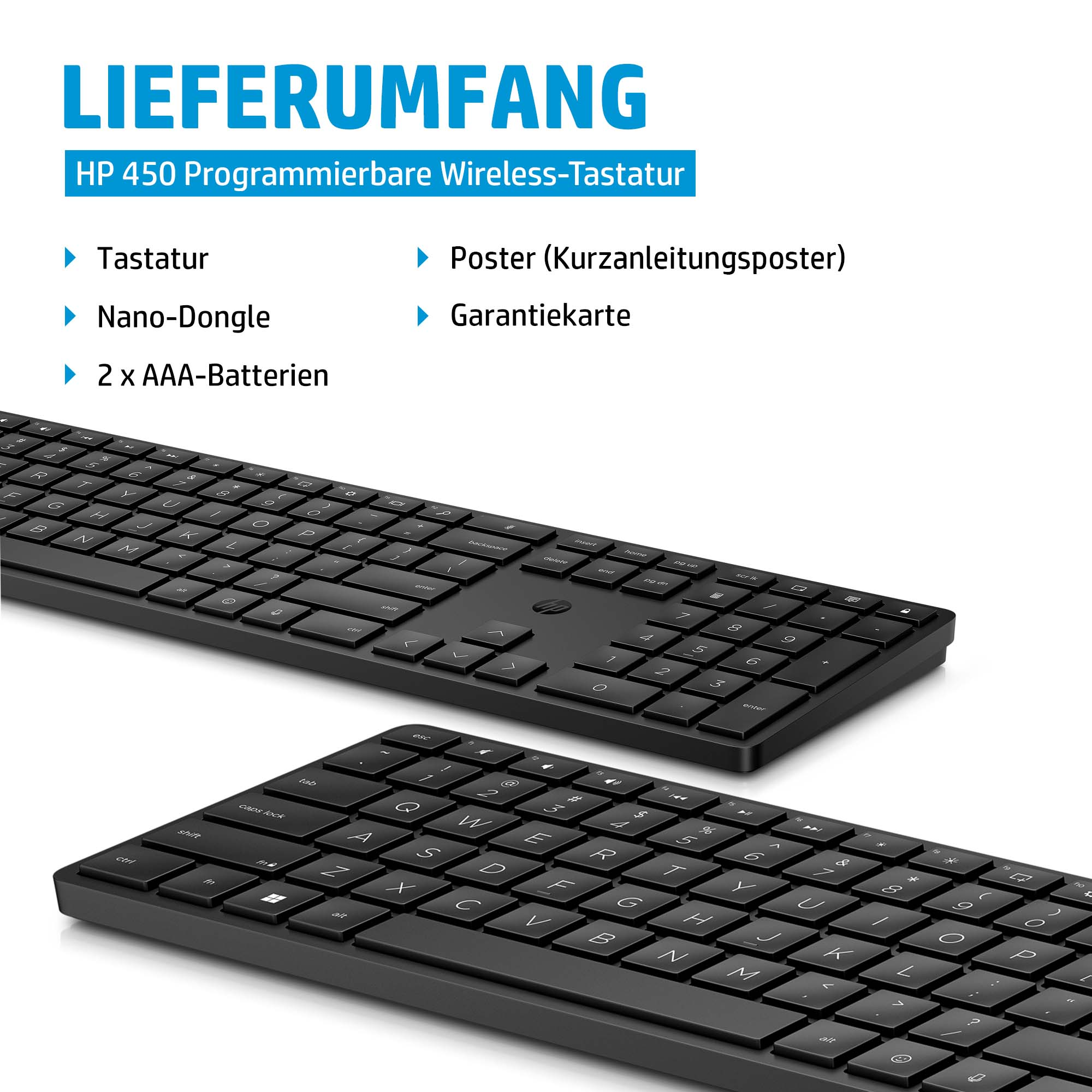 Lieferumfang: HP 450 Tastatur, Nano-Dongle, 2 AAA-Batterien, Poster, Garantiekarte.