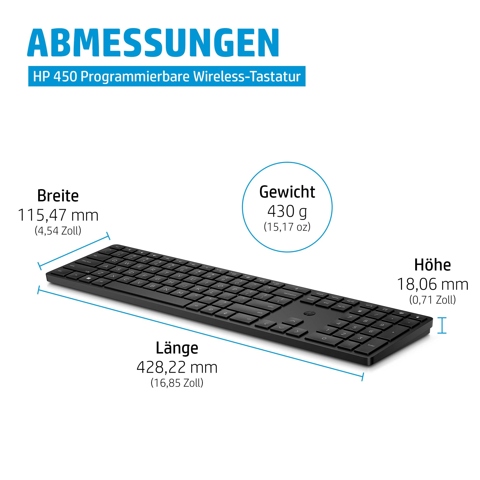 Schwarze HP Tastatur mit Maßen: Breite 115,47mm, Länge 428,22mm, Höhe 18,06mm.