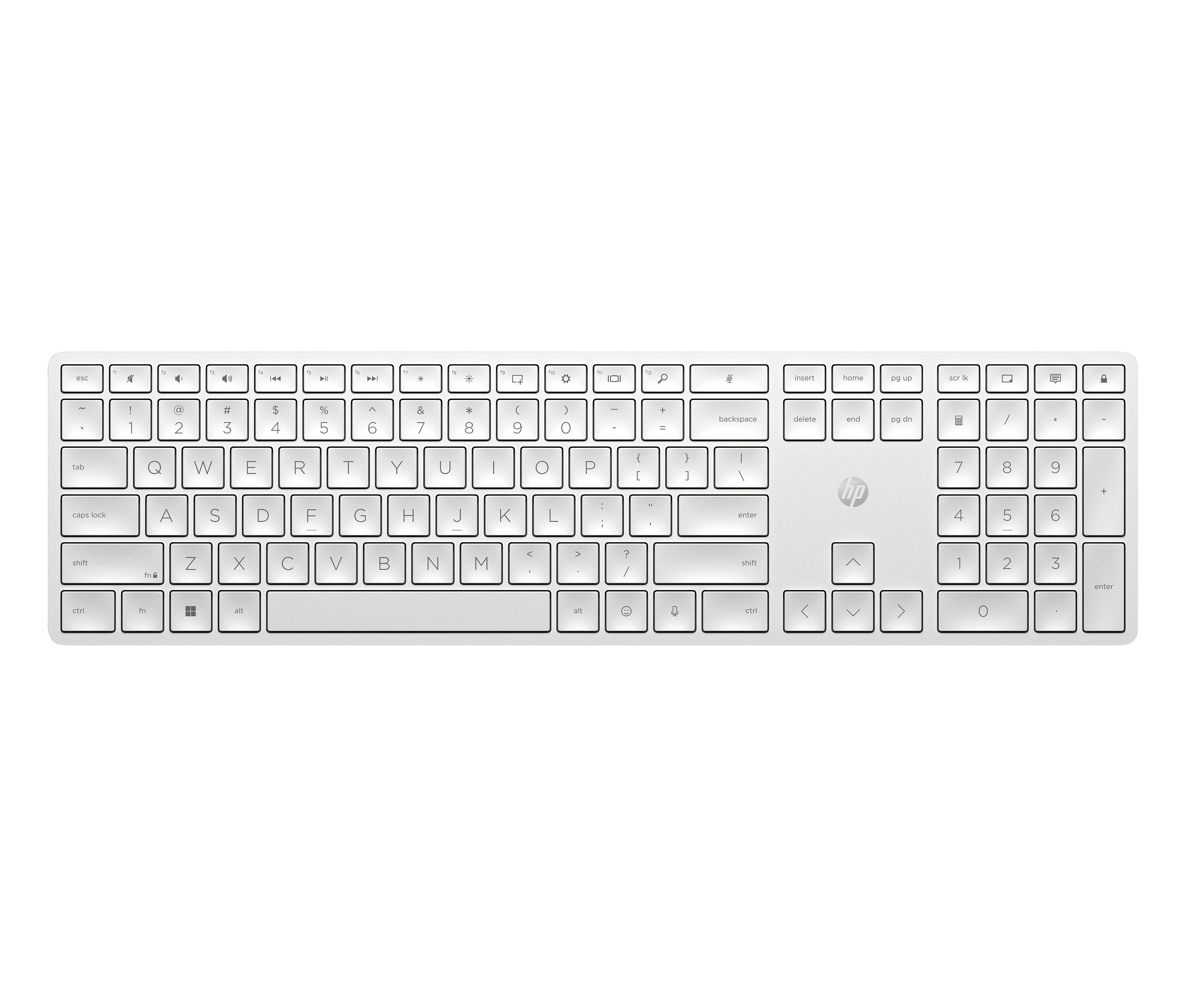 Eine schlanke, weiße HP-Tastatur mit einem Ziffernblock auf der rechten Seite.