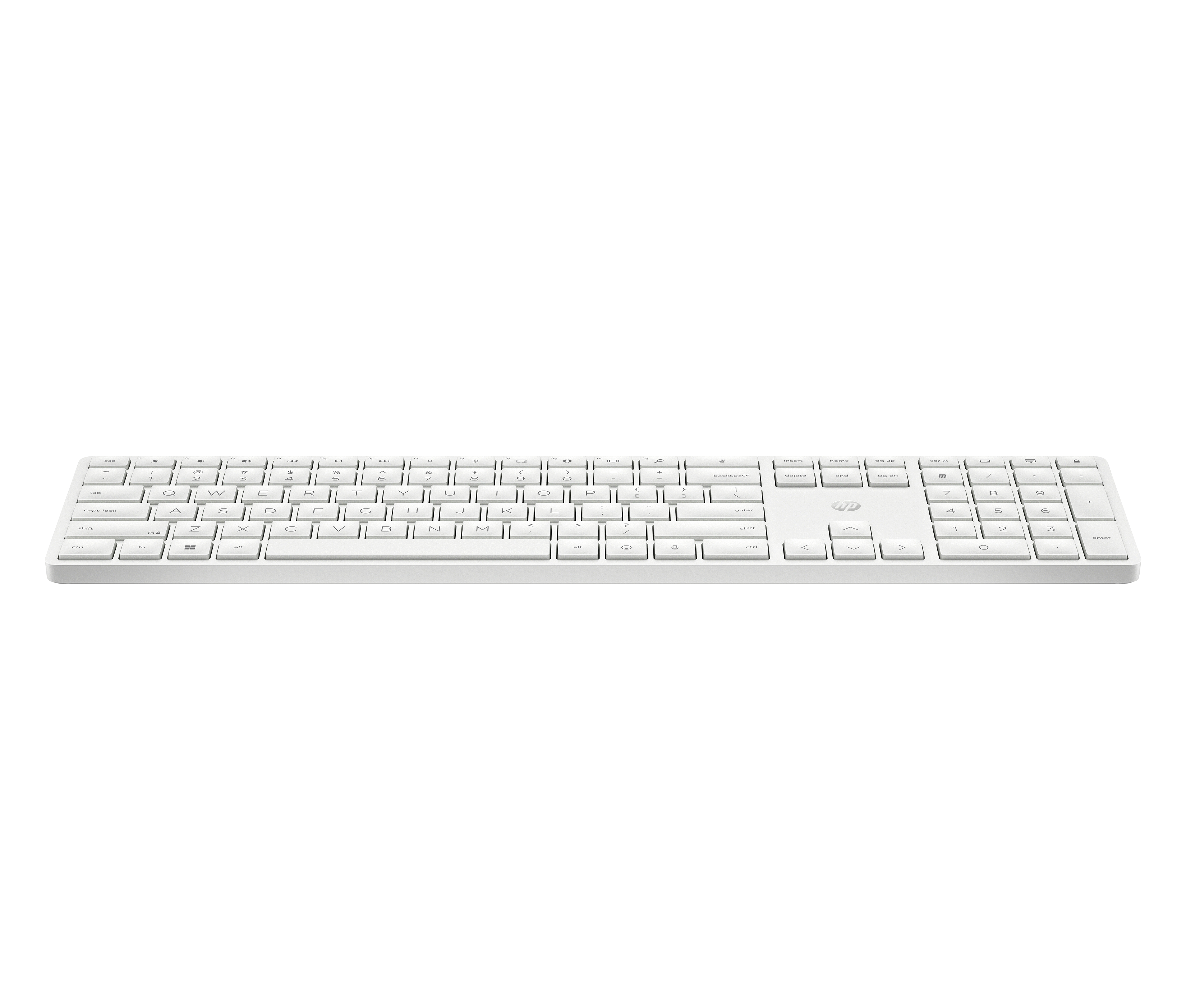 Eine weiße Tastatur mit Nummernblock und HP-Logo.