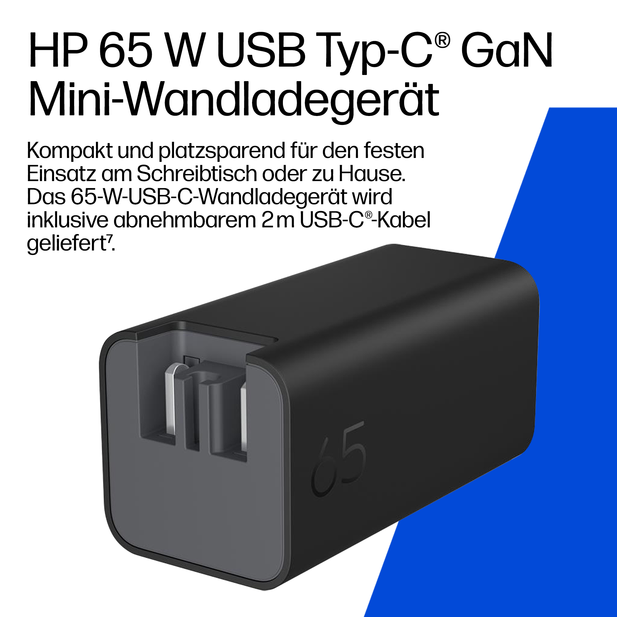 Schwarzes HP 65W USB-C GaN Mini-Ladegerät mit zwei Ports und der Zahl 65.
