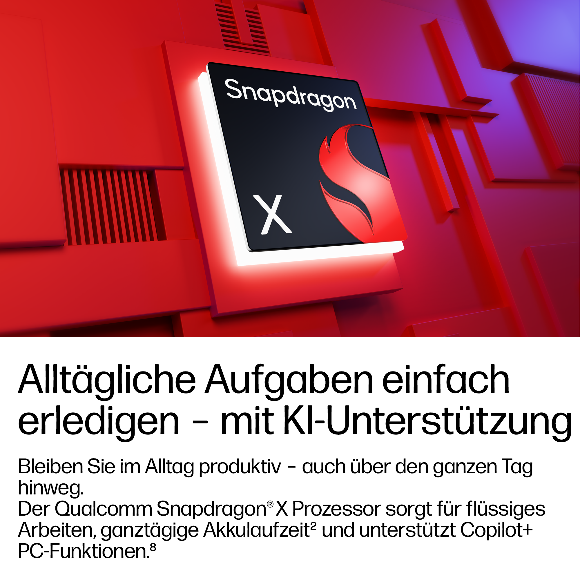 Snapdragon X Prozessor auf rotem, abstraktem Hintergrund.