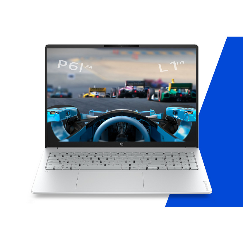 Ein silberner Laptop zeigt ein Rennspiel mit Formelautos auf dem Bildschirm.