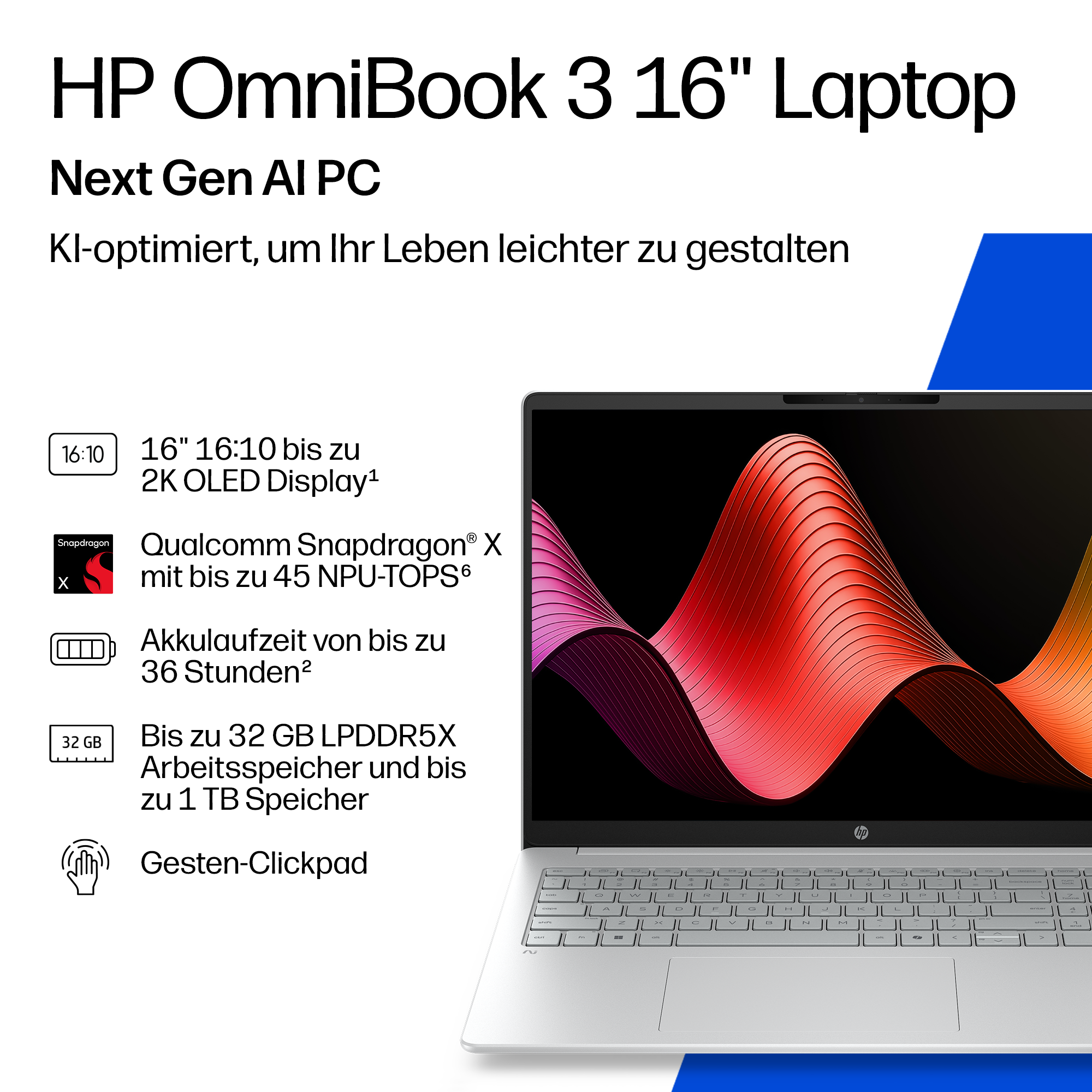 HP OmniBook 3 Laptop mit 16" 2K OLED Display, Snapdragon X und 36h Akku.