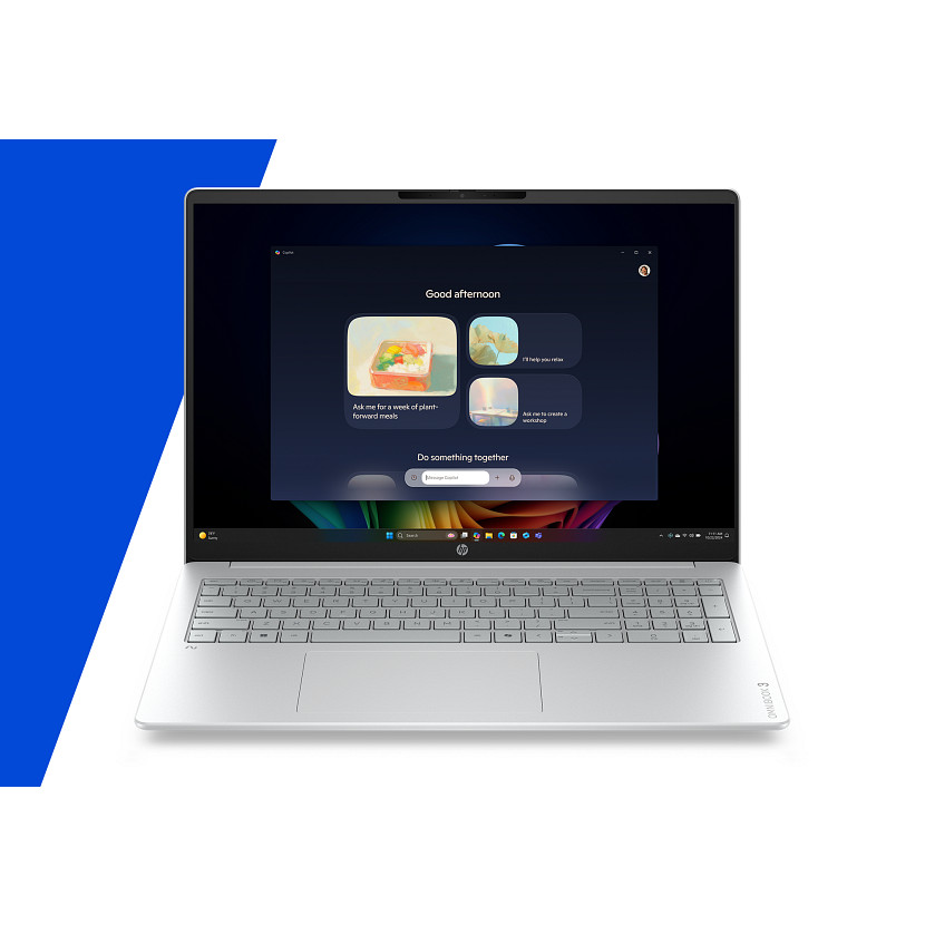 Ein silberner Laptop zeigt eine Benutzeroberfläche mit "Guten Tag" und Optionen.