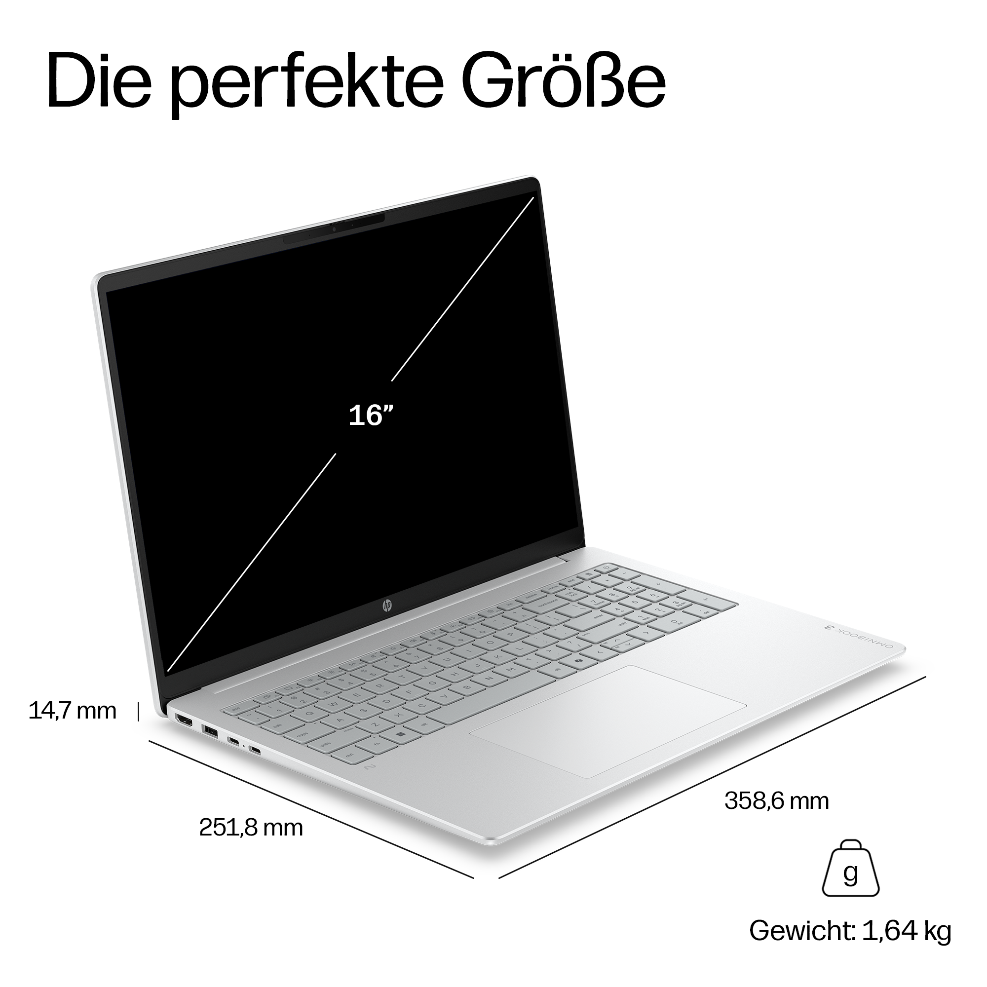 Ein weißer Laptop mit 16-Zoll-Bildschirm, 14,7 mm Dicke, 251,8 mm Breite und 358,6 mm Tiefe.