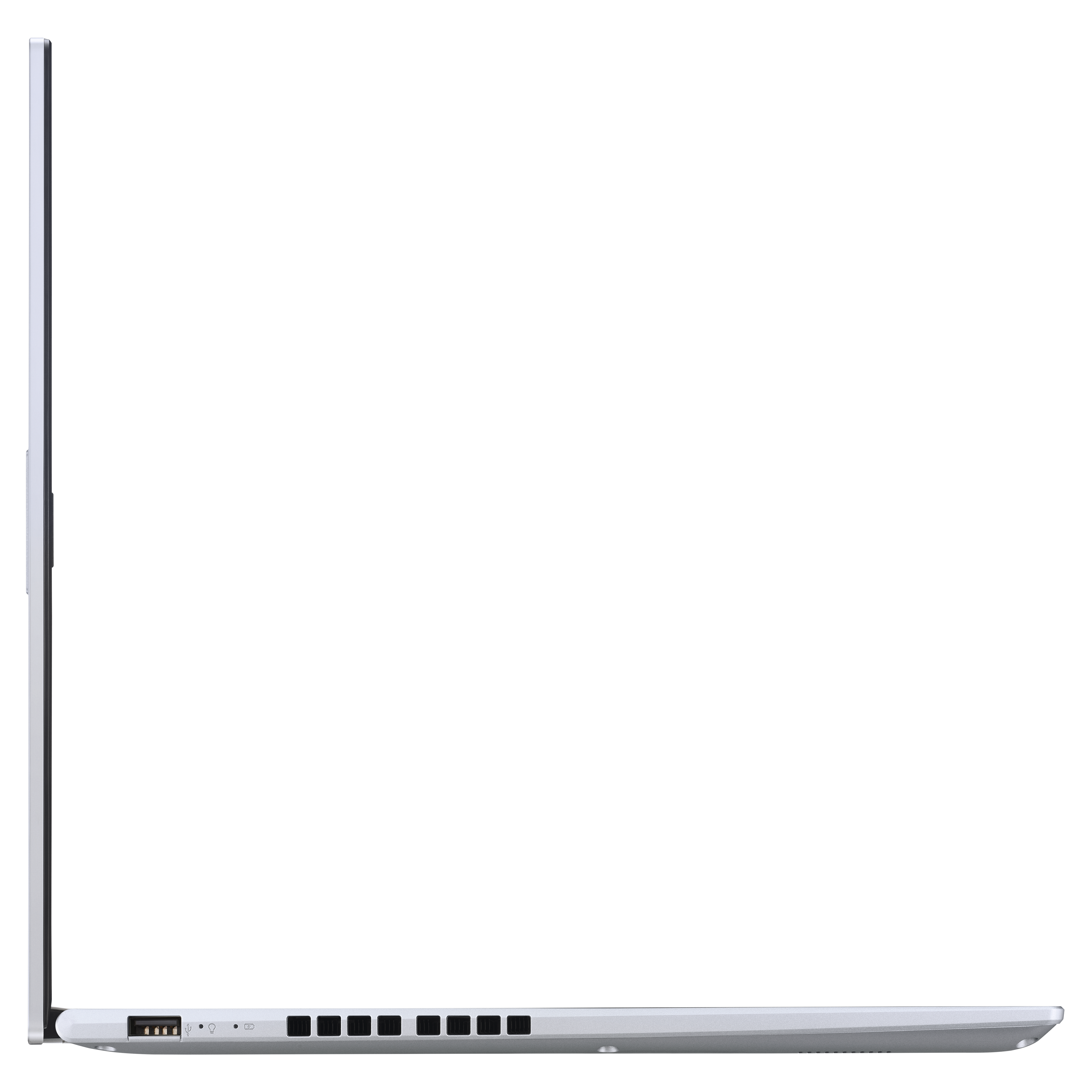 Widok z boku srebrnego laptopa z portem USB i otworami wentylacyjnymi.