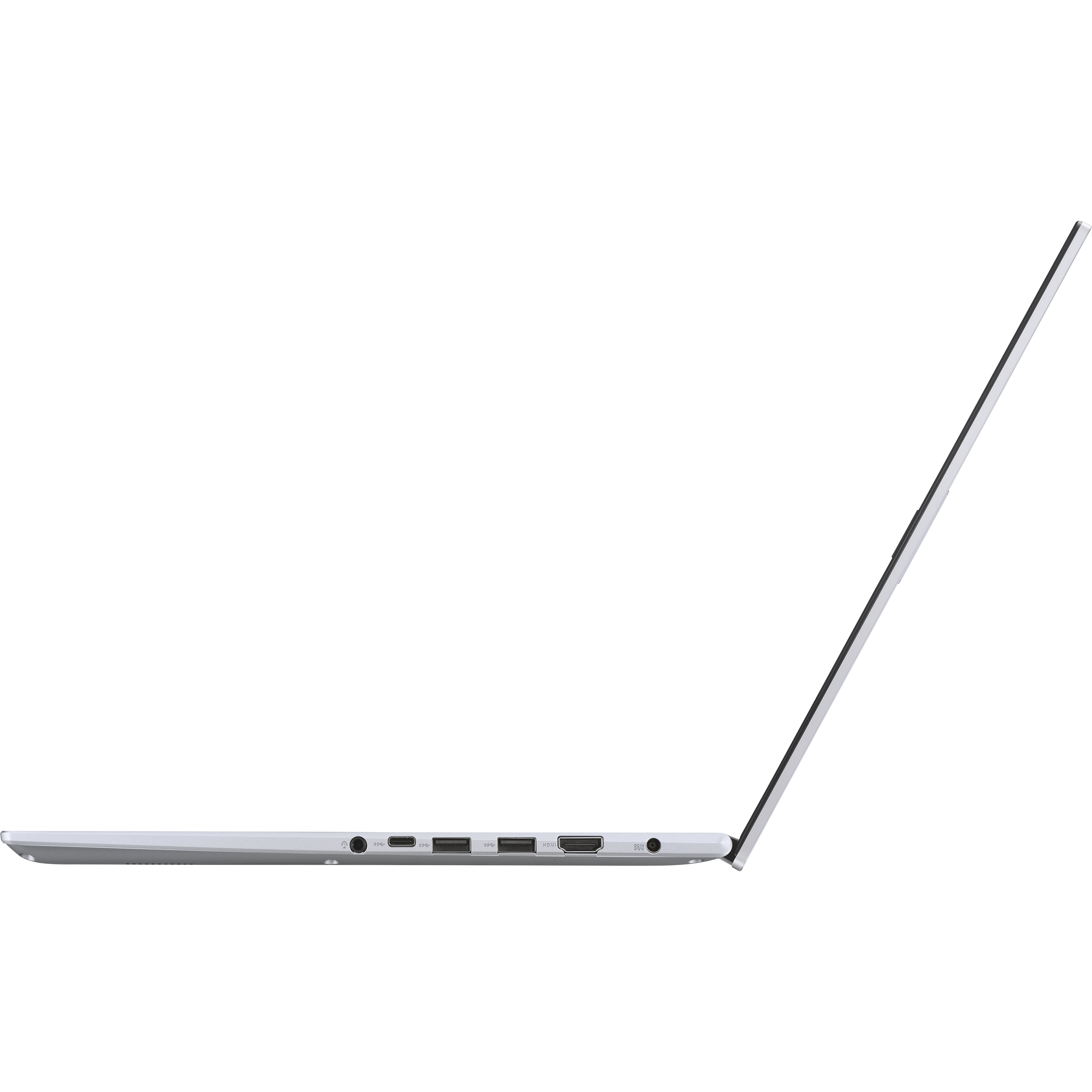 Srebrny laptop w profilu z otwartym ekranem i widocznymi portami.