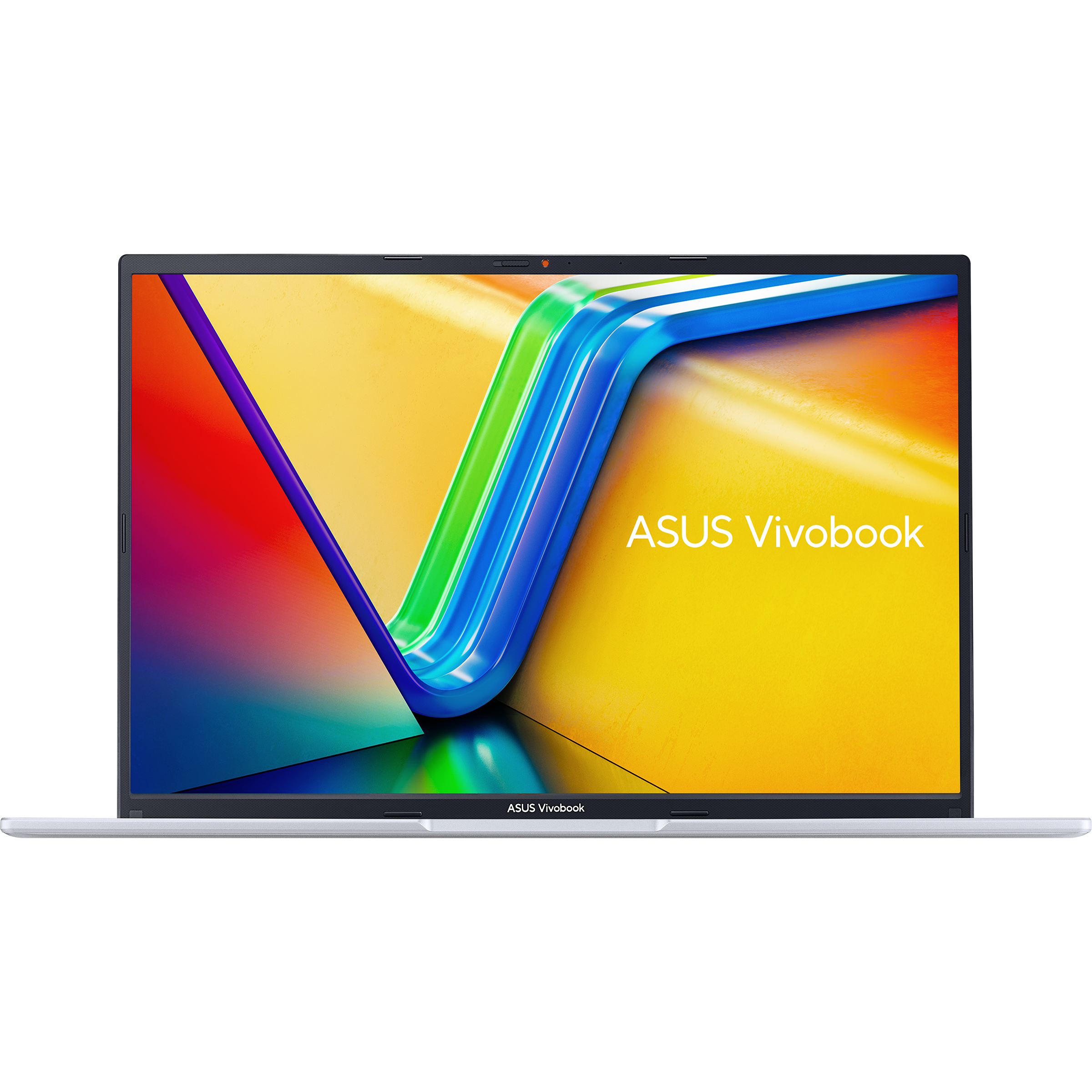 Otwarty laptop ASUS Vivobook, wyświetla kolorową tapetę abstrakcyjną z zielonymi, niebieskimi i żółtymi paskami.