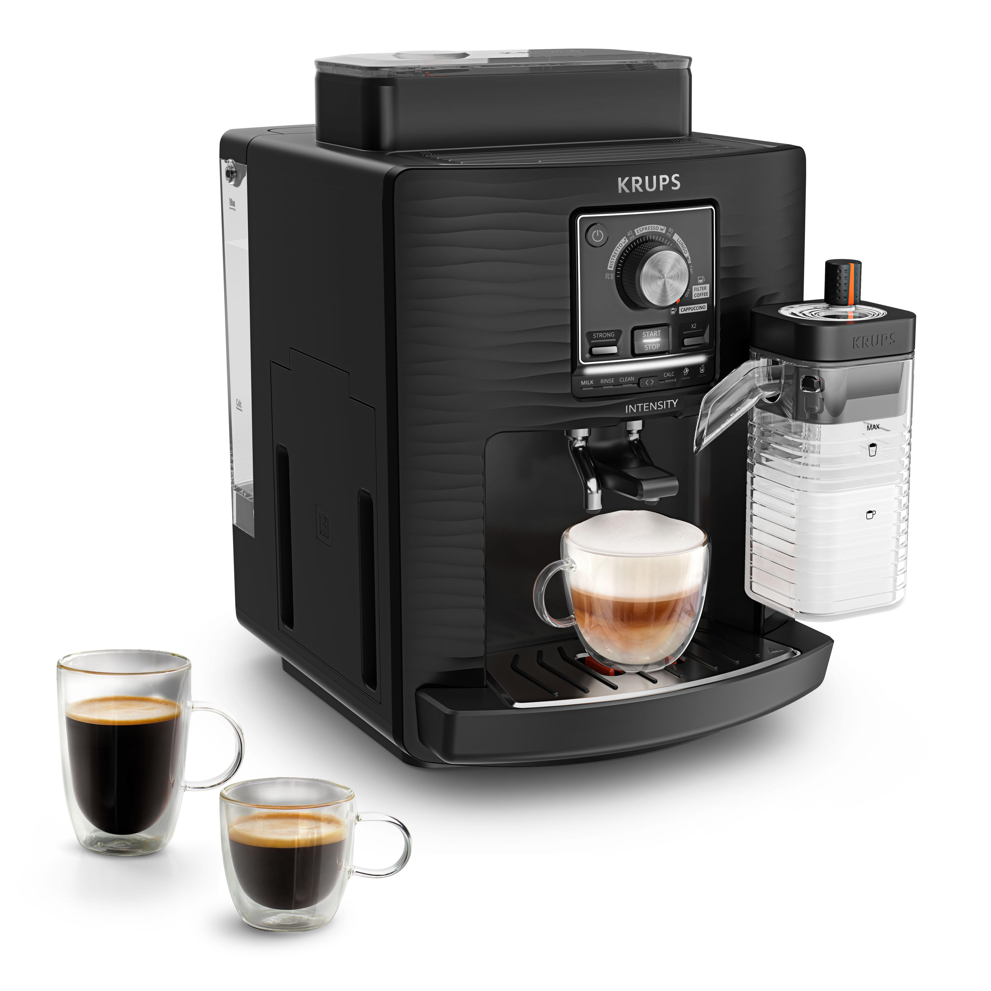 Schwarze Krups Kaffeemaschine mit zwei Tassen Kaffee und Milchgetränk.