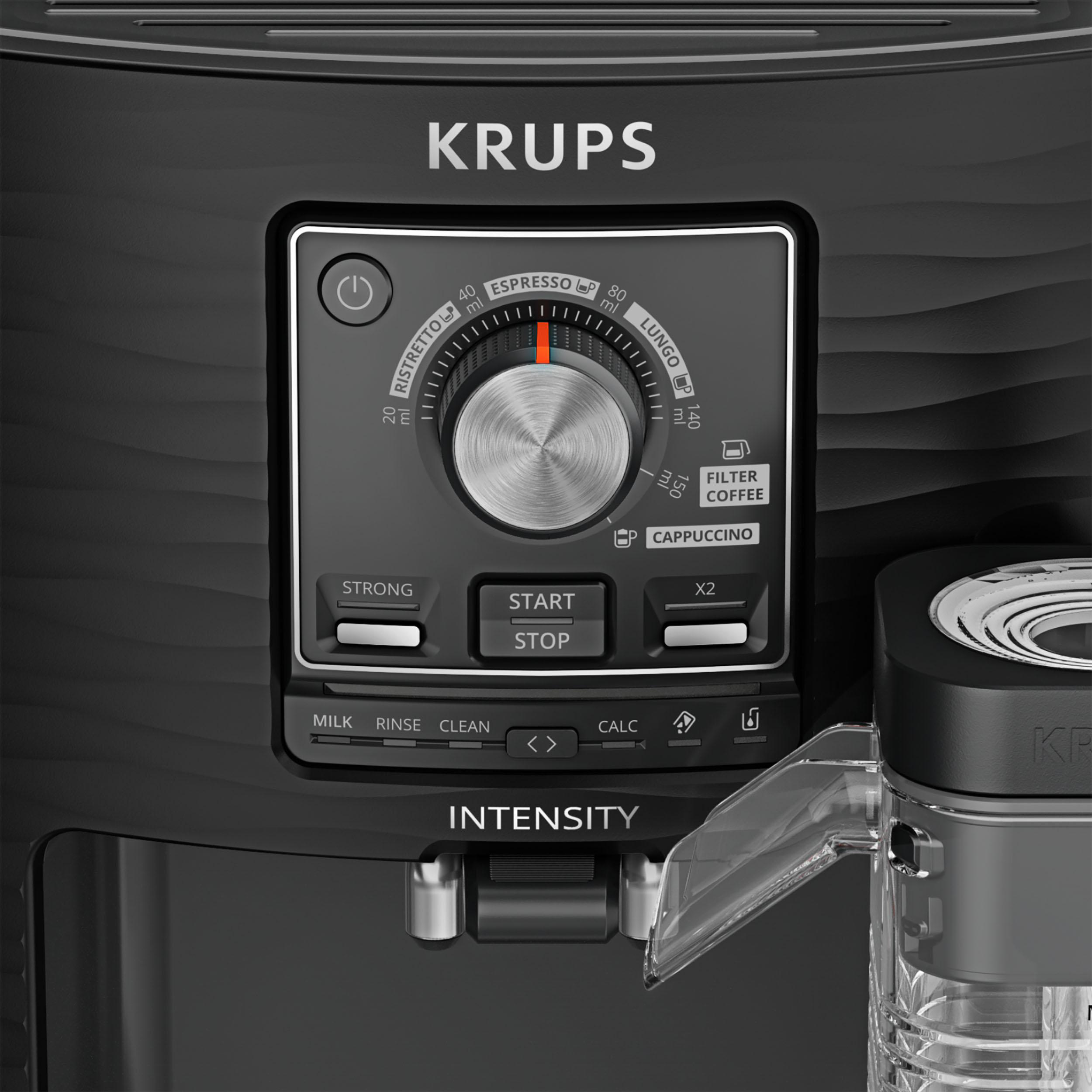 Schwarze Krups Kaffeemaschine mit Drehregler und Tasten für Kaffeezubereitung.