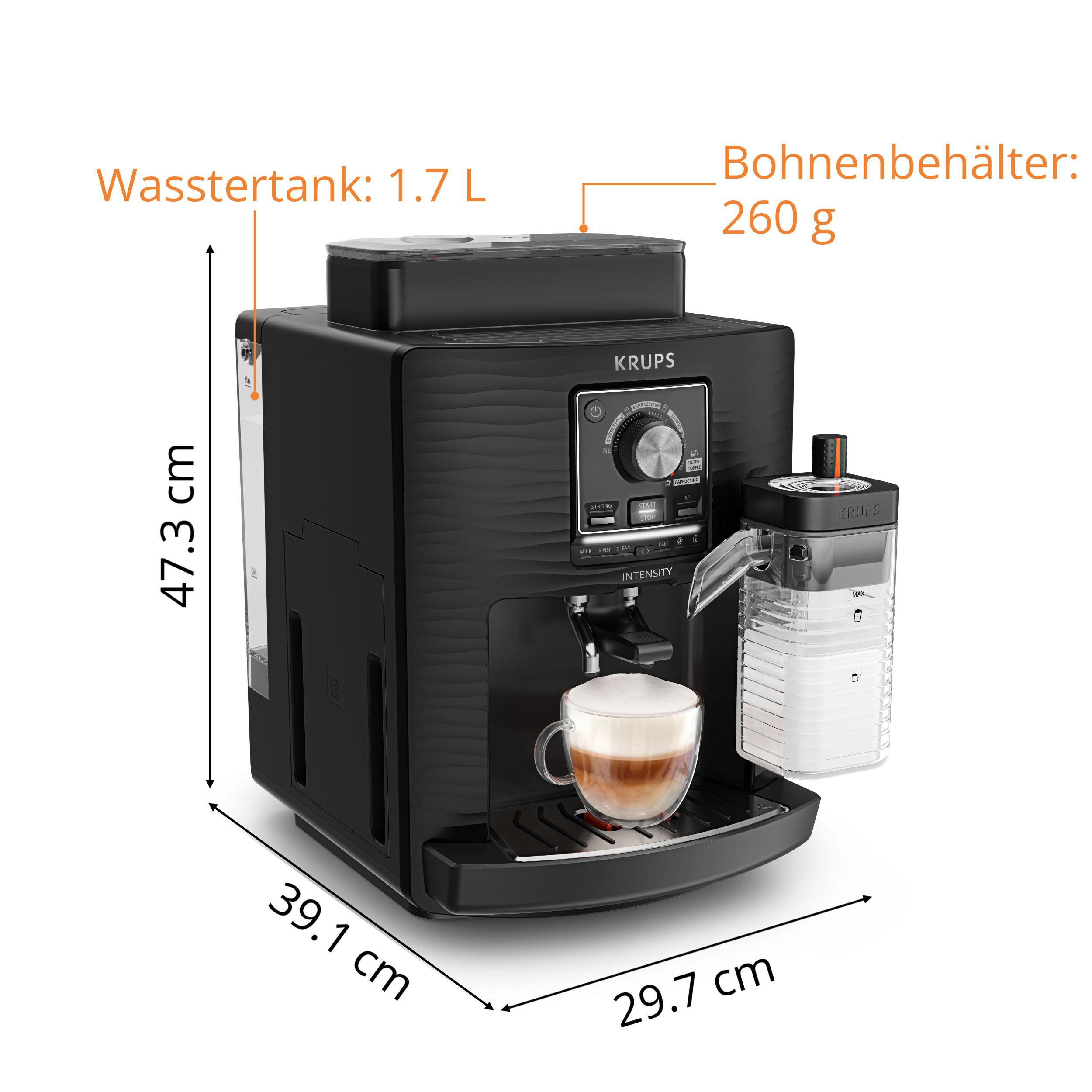 Schwarze Krups Kaffeemaschine mit Glas und Schaum, Maße: H 47,3cm, B 29,7cm, T 39,1cm.