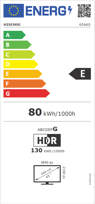 Energieeffizienzlabel für Hisense 65A6S. Energieklasse E, 80 kWh/1000h. HDR, 130 kWh/1000h. 65 Zoll, 3840x2160px.