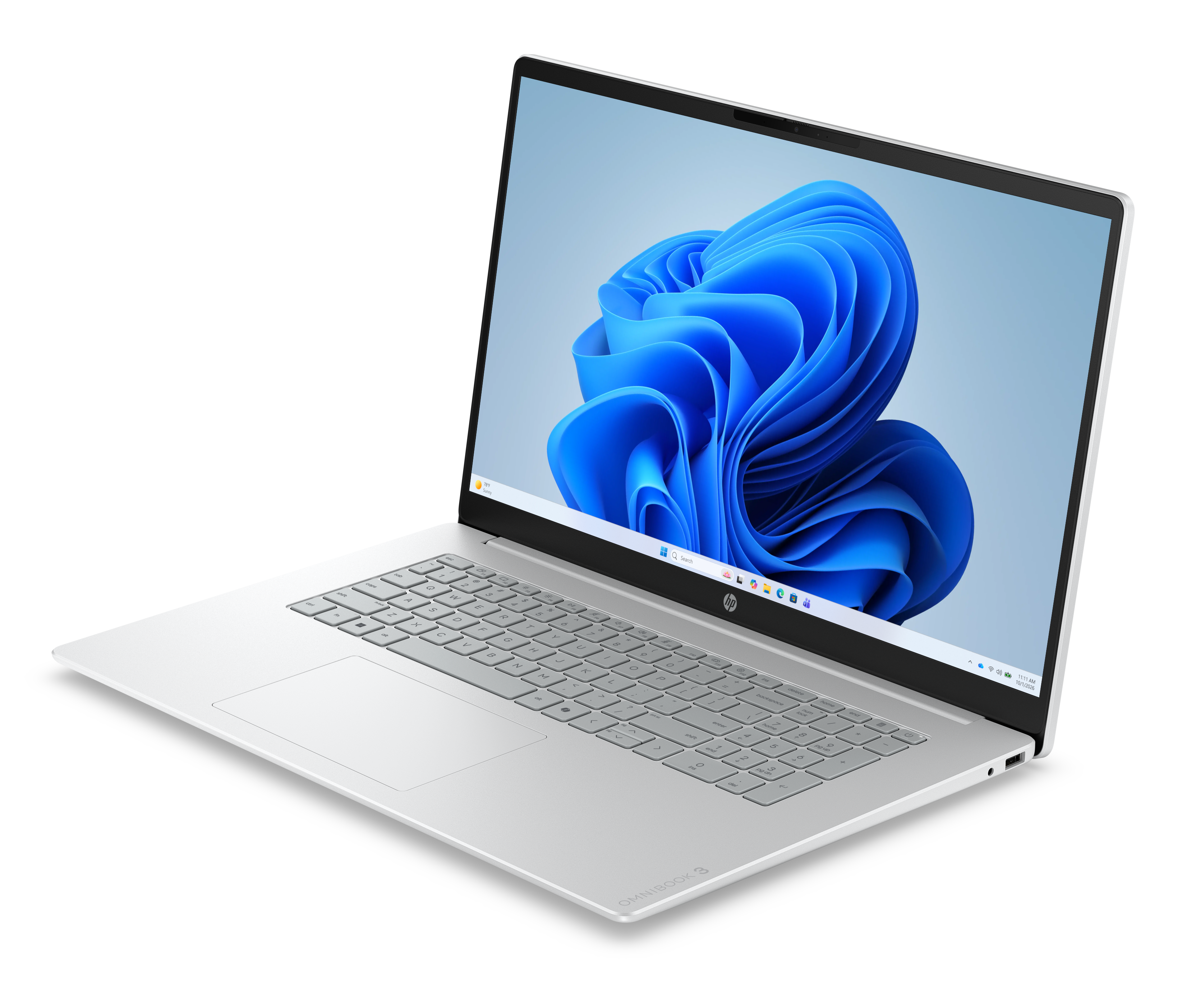 Ein weißer Laptop mit eingeschaltetem Bildschirm, der das Windows 11-Symbol zeigt.