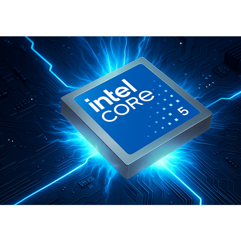 Ein Intel Core i5 Prozessor auf einer Leiterplatte mit blauen Lichteffekten.