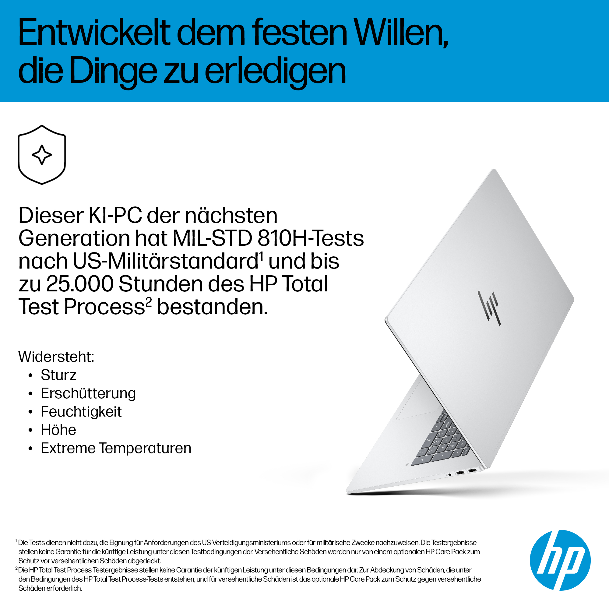 Silberner HP Laptop mit "HP" Logo auf dem Deckel. Text über Beständigkeit.