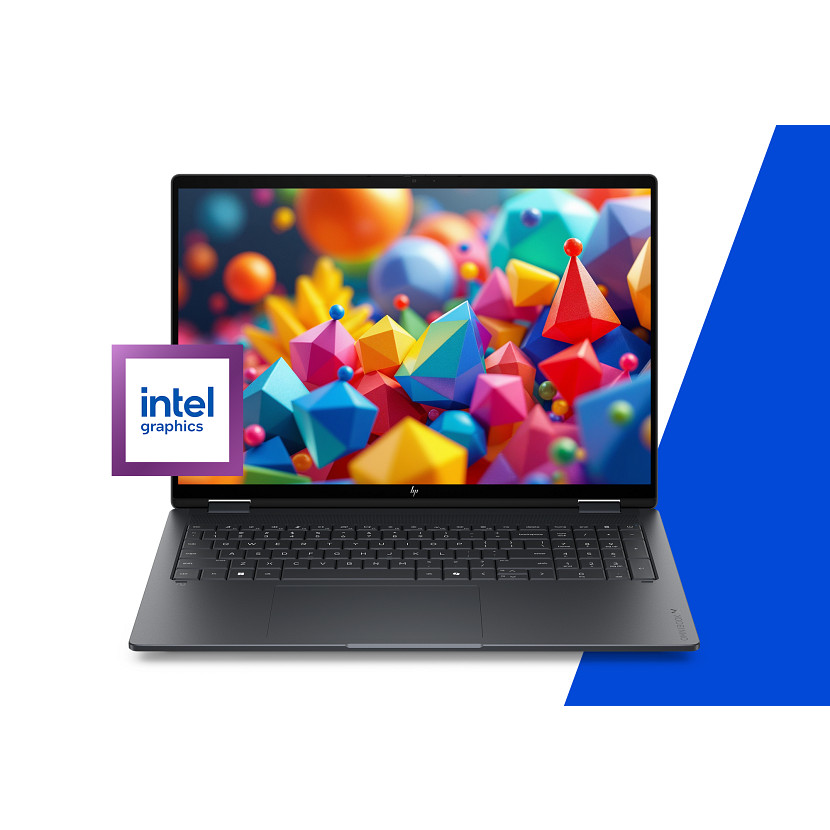 Ein offener Laptop mit bunter 3D-Grafik auf dem Bildschirm und Intel-Logo.