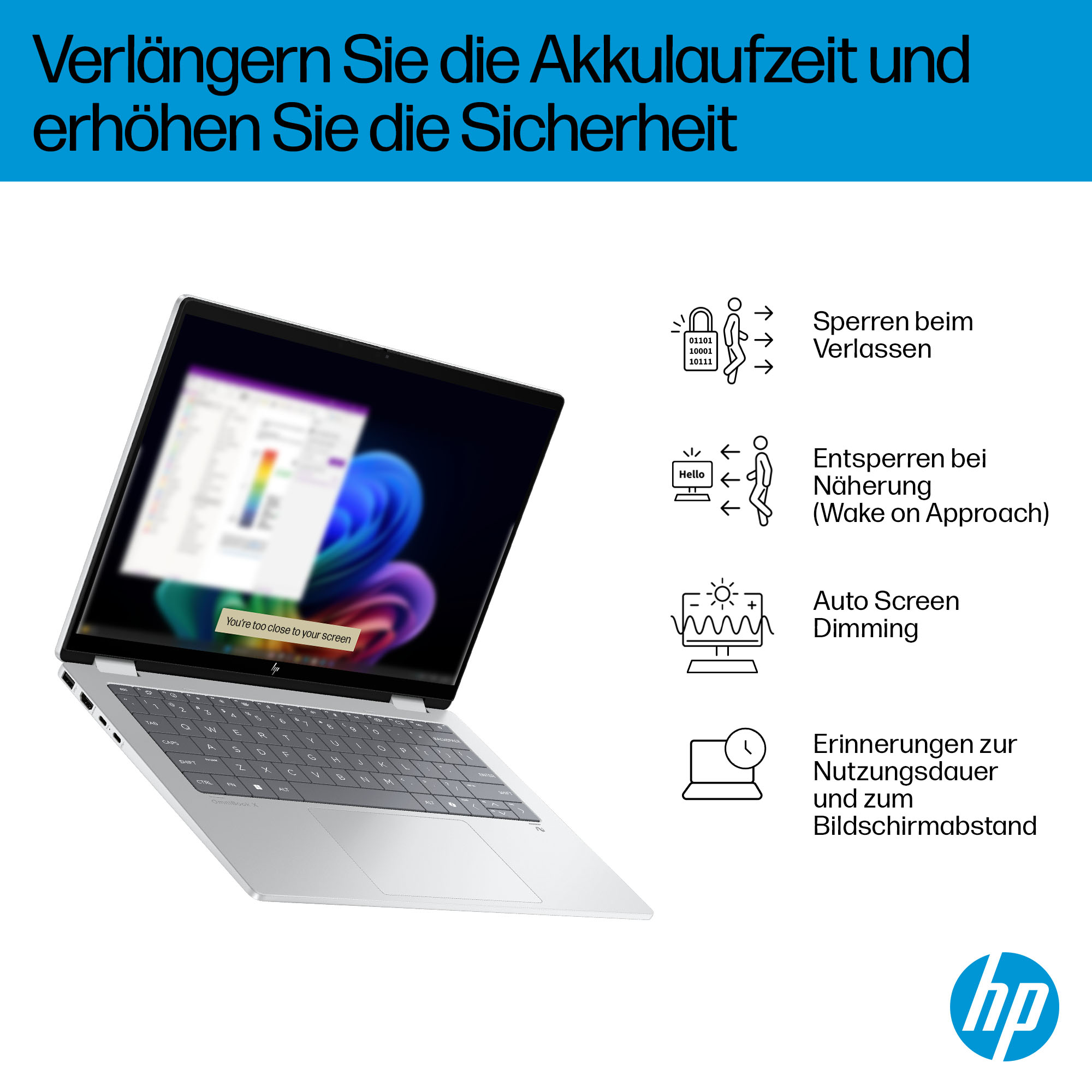 Ein silberner Laptop mit Features wie Sperren beim Verlassen, Entsperren bei Näherung, Auto Screen Dimming und Erinnerungen.