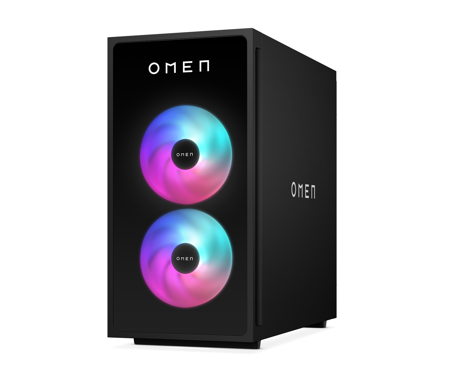 PC OMEN negro con ventiladores RGB, logo blanco.