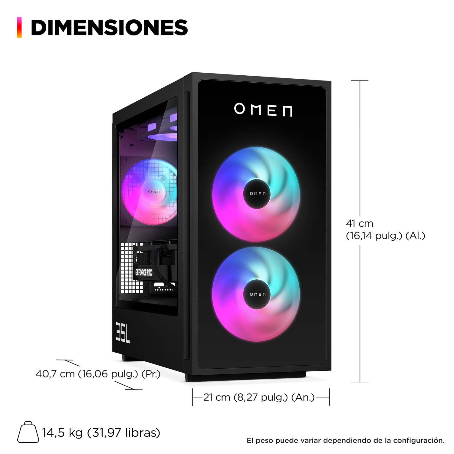 Torre de PC OMEN negra con ventiladores RGB, dimensiones y peso.