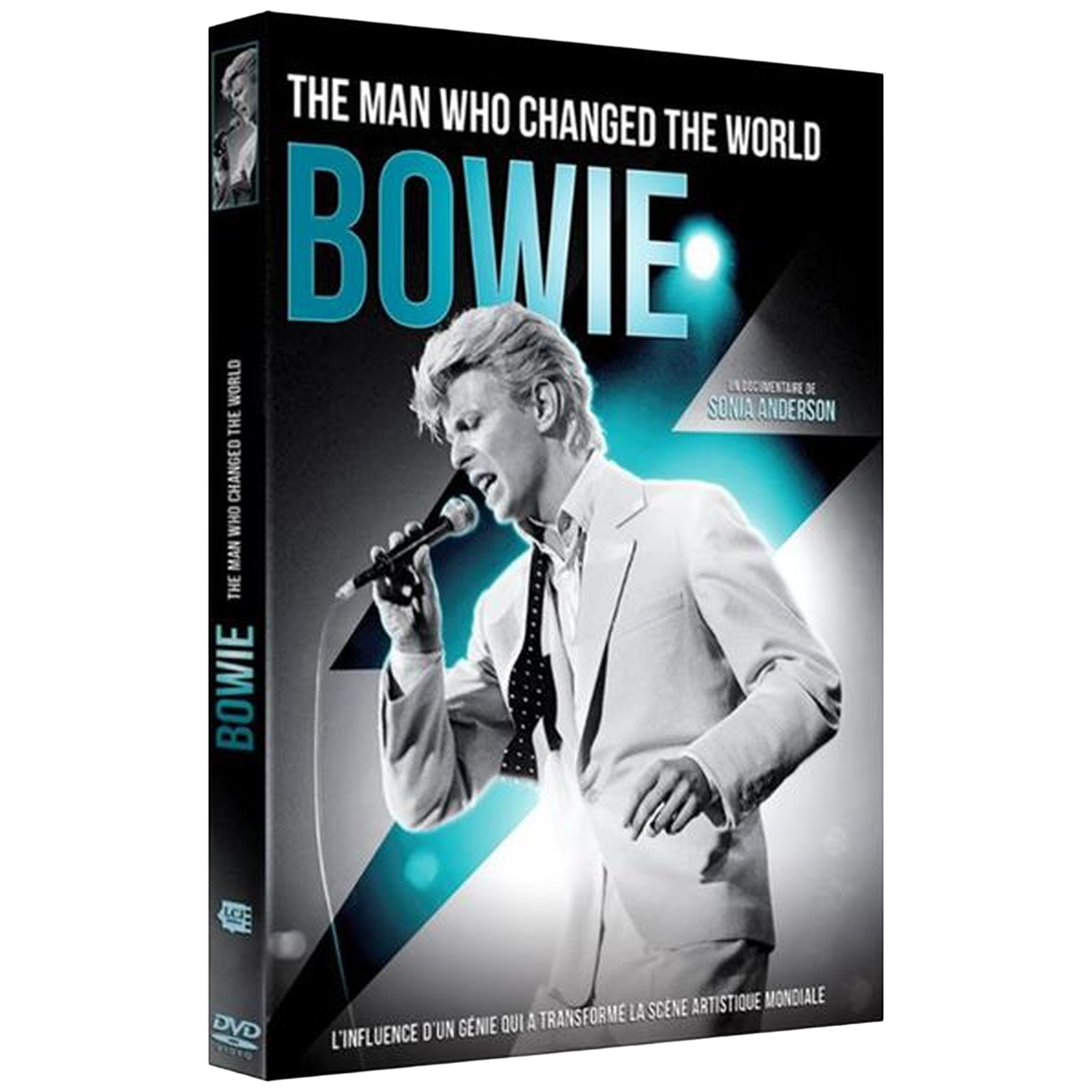 Couverture DVD avec David Bowie en costume blanc tenant un micro.