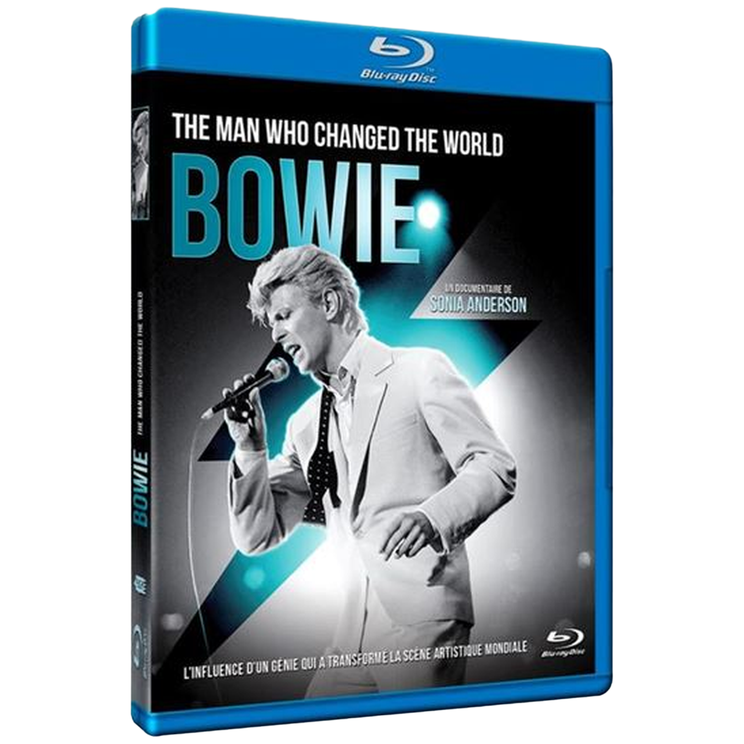 Blu-ray hoes met David Bowie in wit pak die een microfoon vasthoudt.