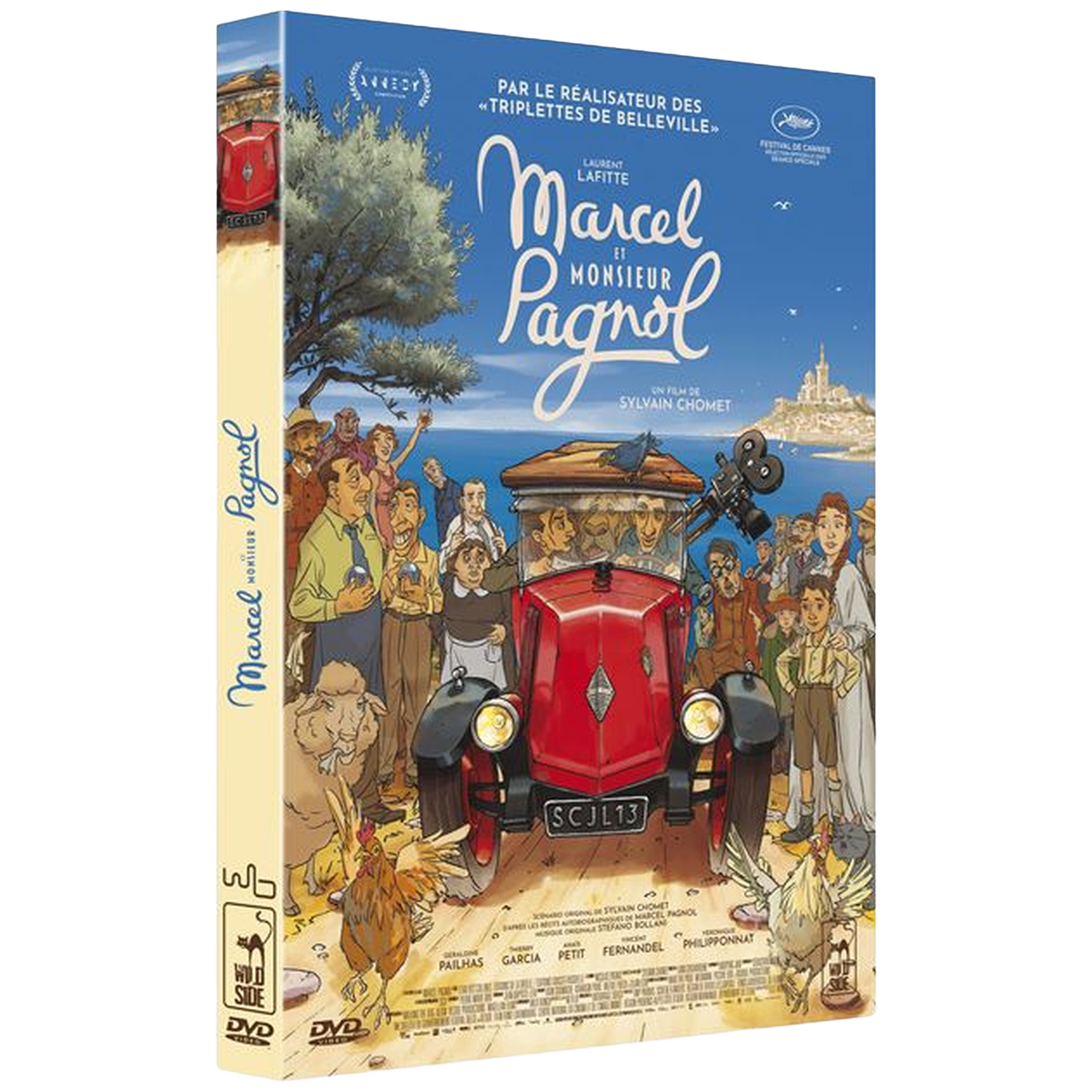 Une jaquette DVD illustrant des personnages, une voiture et des animaux.