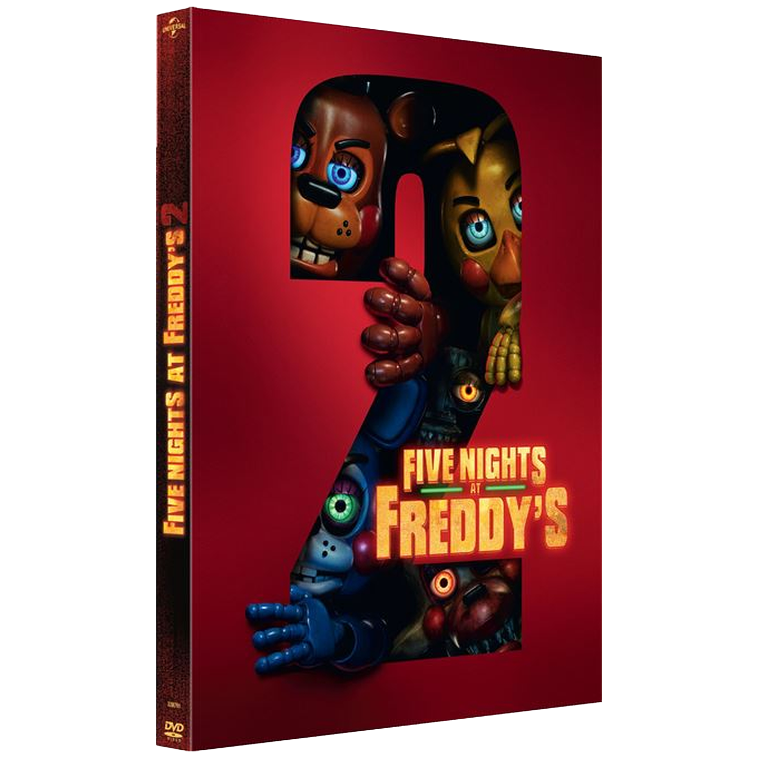 Couverture DVD Five Nights at Freddy's 2, avec des personnages animatroniques émergeant d'un 2 rouge.