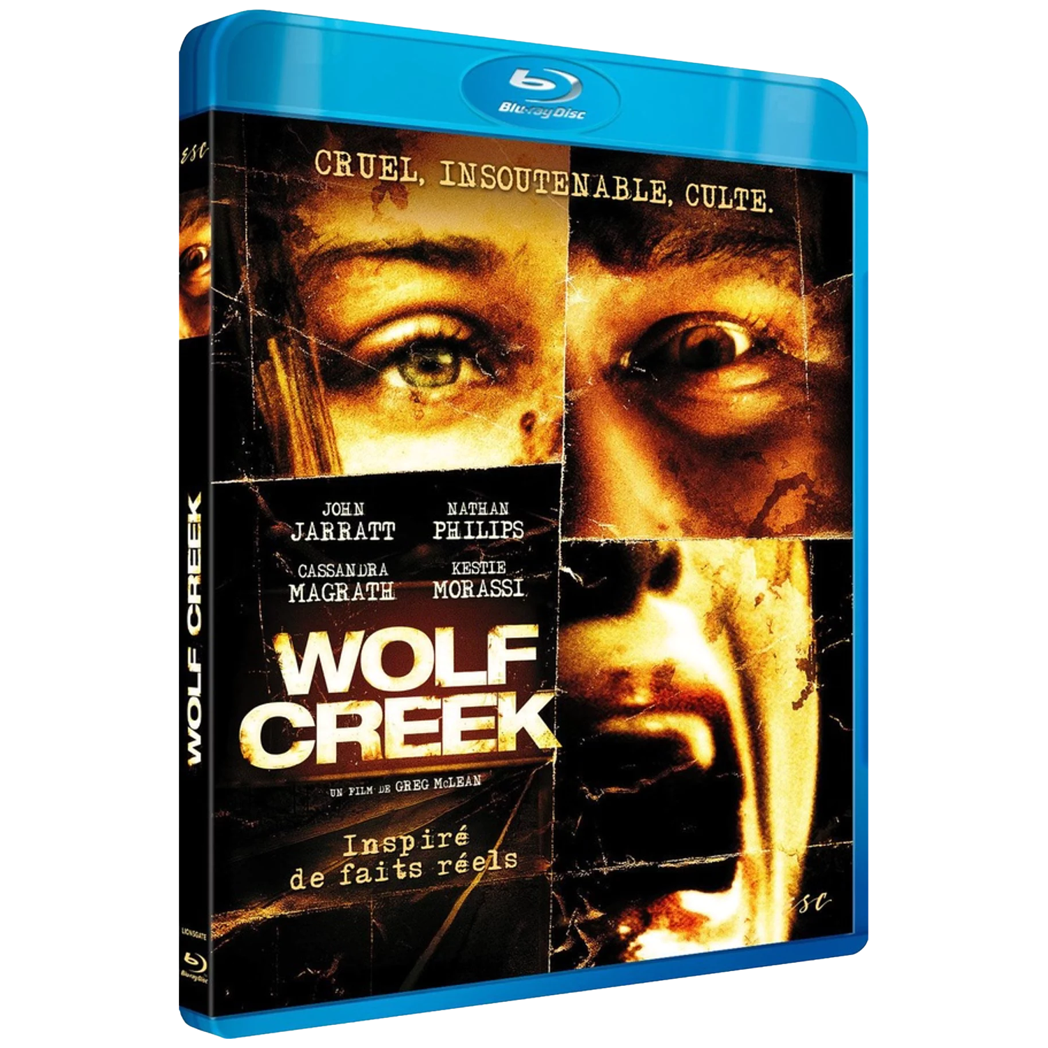 Blu-ray hoes voor Wolf Creek met close-ups van ogen en de titel.