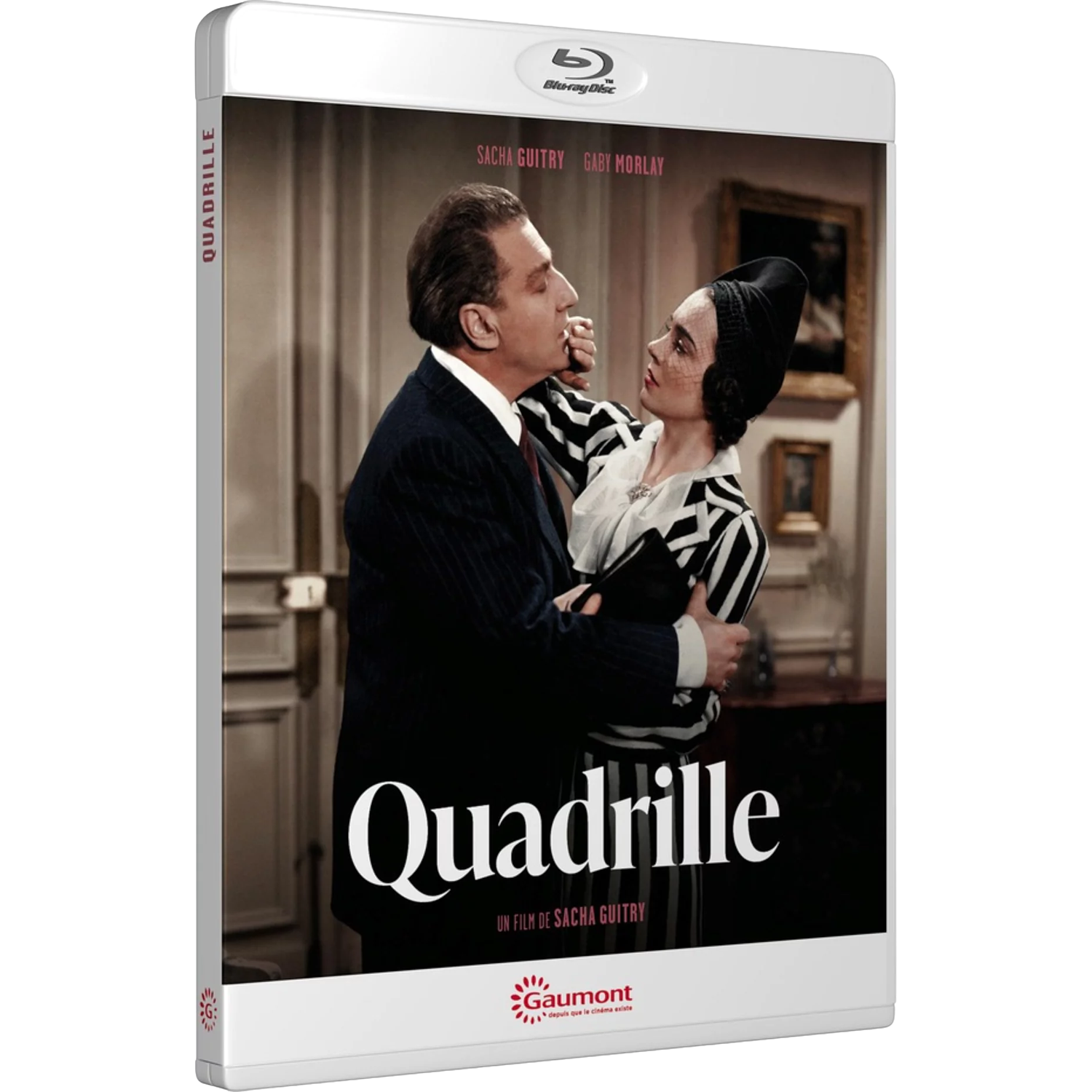 Un homme et une femme s'enlacent devant un tableau. Boîtier Blu-ray avec affiche.