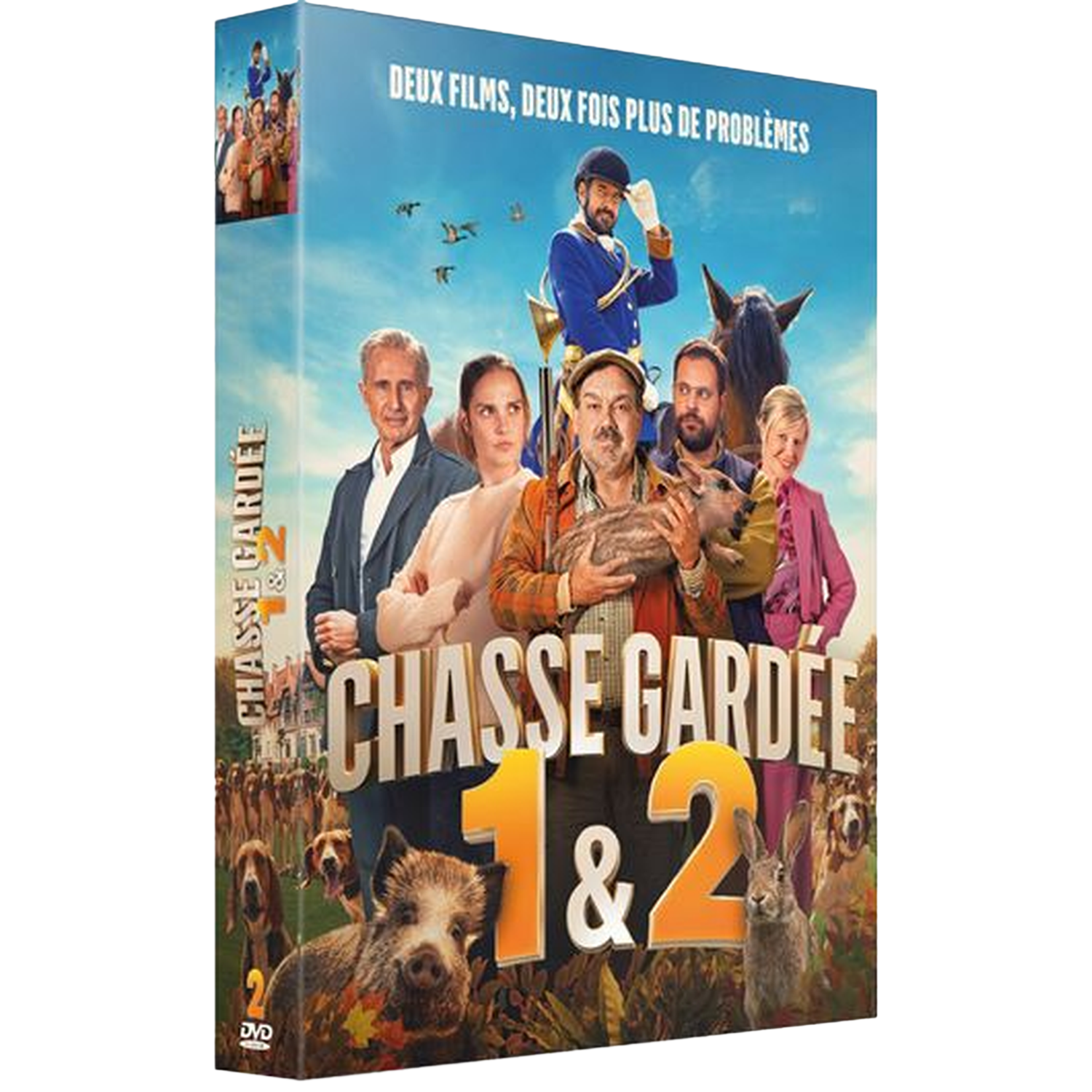 DVD-hoes: Familie met wild zwijn, konijnen en honden tegen blauwe lucht.