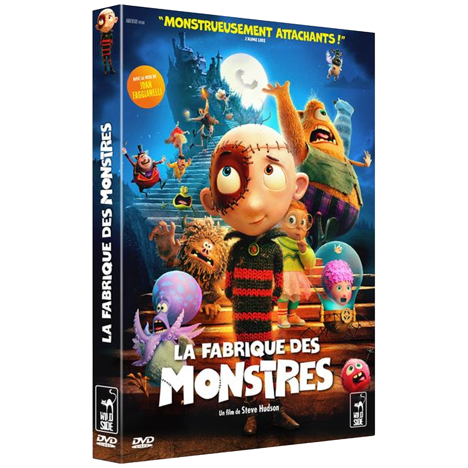 Couverture DVD : Monstres colorés aux grands yeux devant un château.