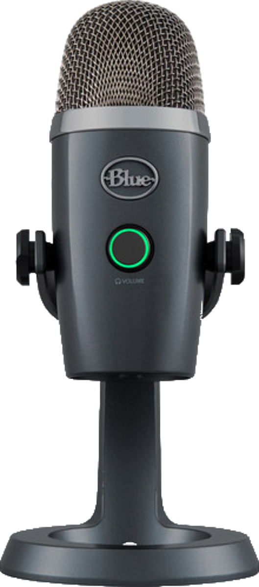 Ein graues Blue Yeti USB-Mikrofon mit Netz und grünem Lichtring.