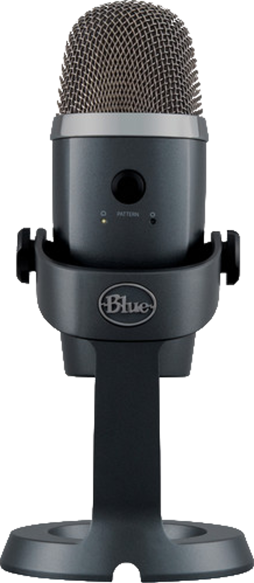 Ein graues Blue Yeti Mikrofon mit Netzgrill und Ständer.