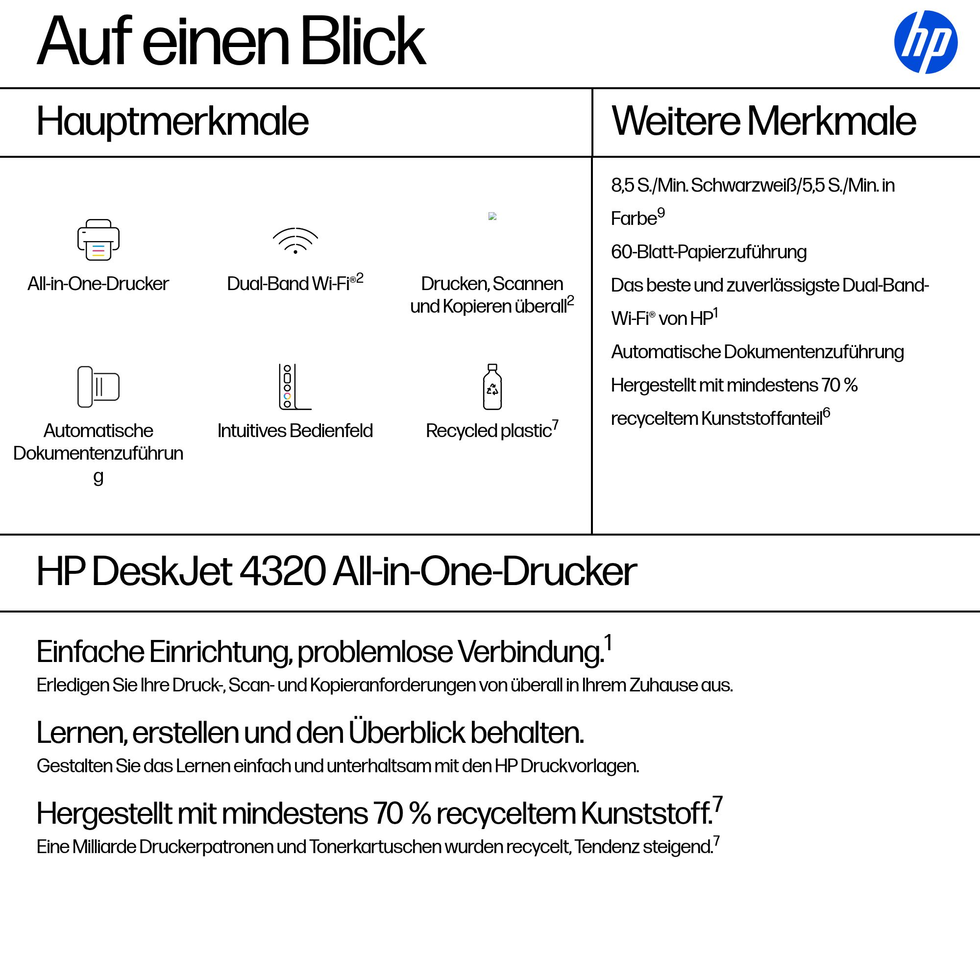 Übersicht: HP DeskJet 4320 Drucker mit Haupt- und weiteren Merkmalen.