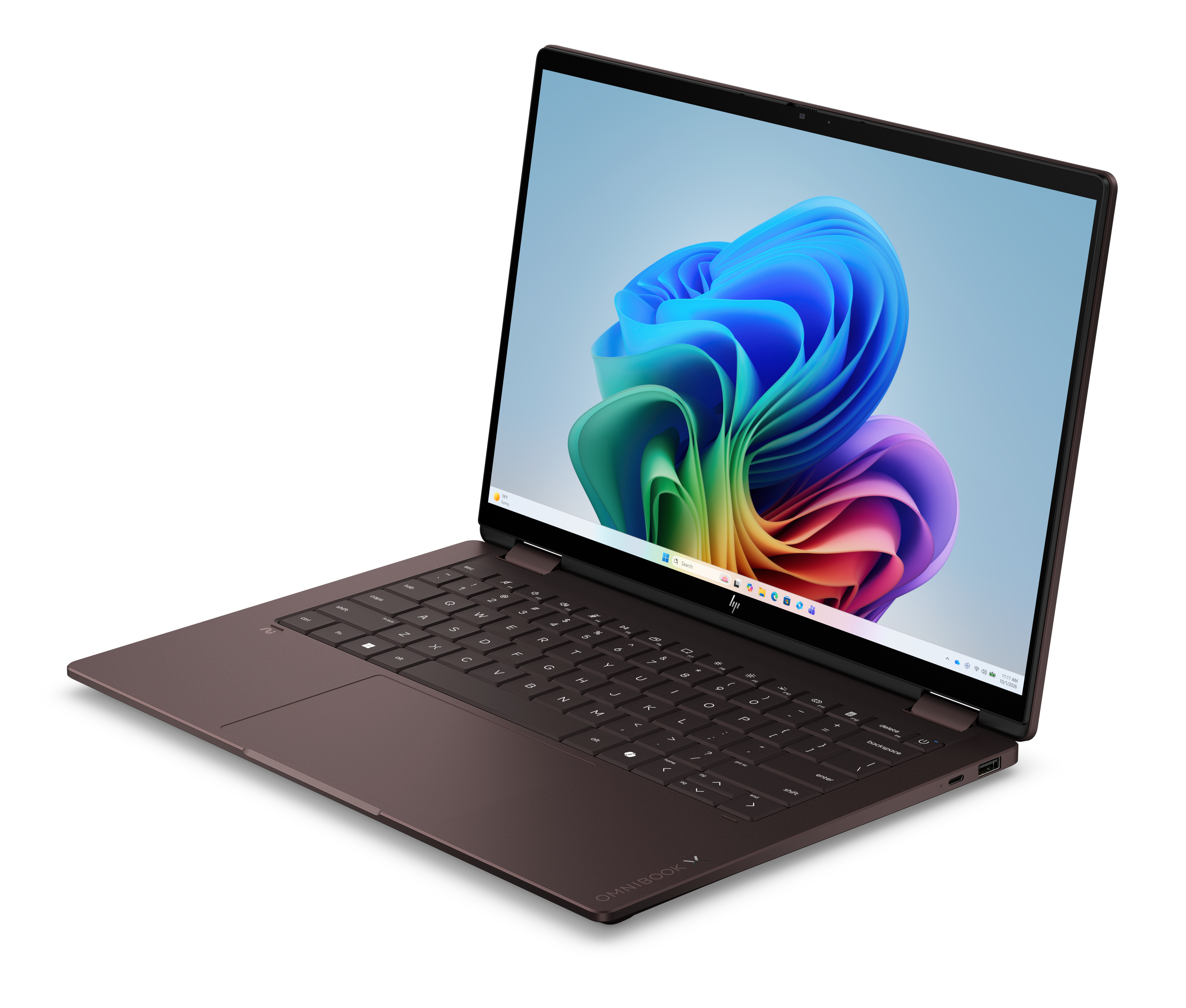 Brązowy laptop HP Omnibook z kolorową tapetą Windows i klawiaturą.