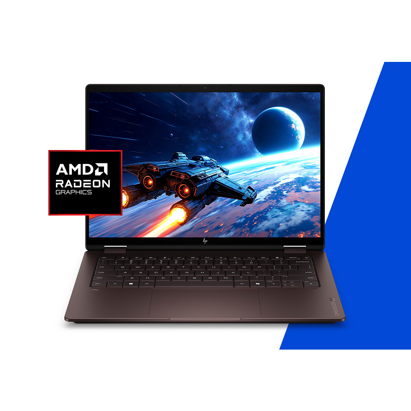 Laptop wyświetla statek kosmiczny w kosmosie obok planety. Logo AMD Radeon.