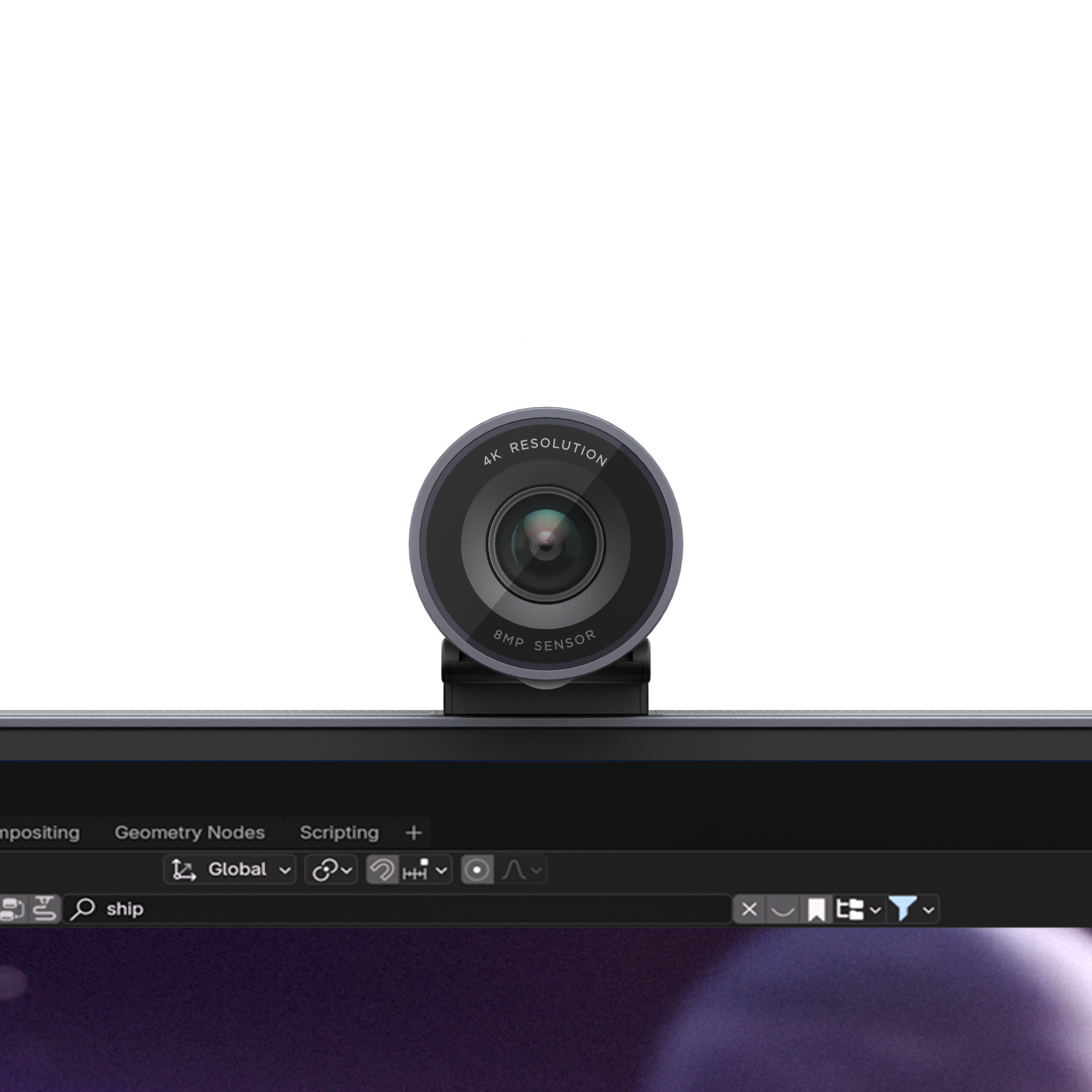 Siyah arka plan önünde 4K çözünürlüklü ve 8MP sensörlü gri webcam.